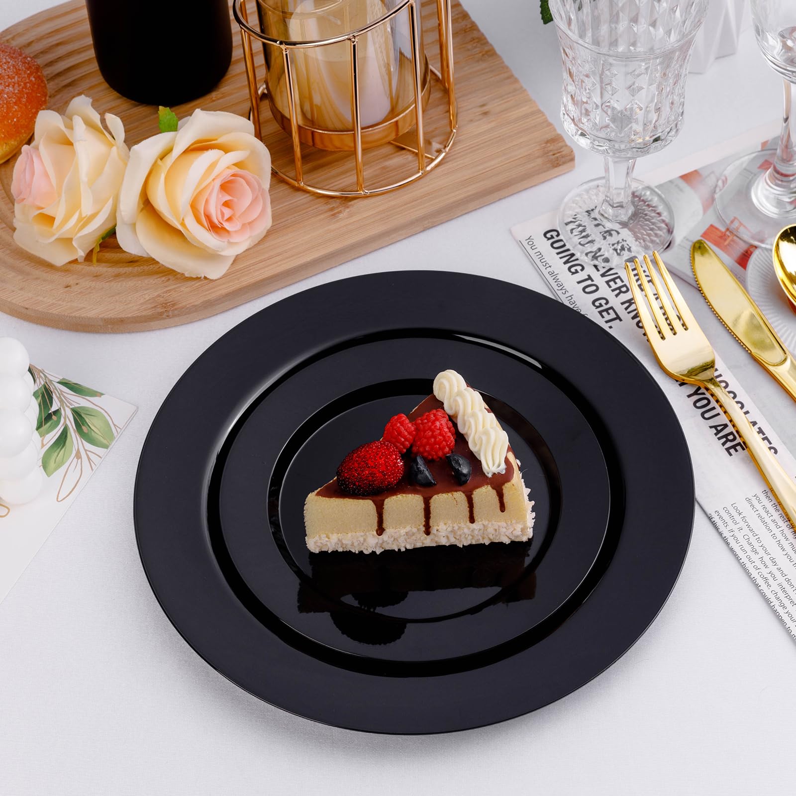 100-Pack Black Disposable Plastic Plates - 50 Dinner Plates (10.25 Inch) & 50 Dessert Plates (7.5 Inch) for Parties, Weddings, Easter Celebrations - Perfect for Large Gatherings and Events