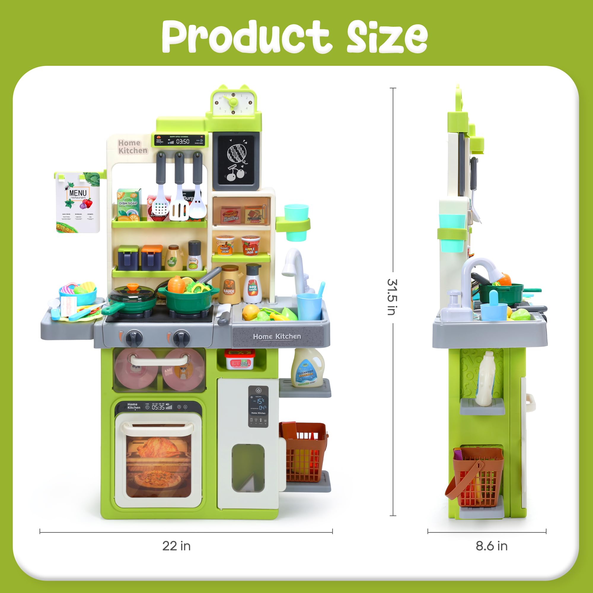 HOLYFUN Kids Kitchen Playset with Sounds, Lights, & Steam - Pretend Play Cooking Stove, Sink & Food - Green Toy Kitchen Set for Toddlers - Perfect for Home, Preschool & Playdates
