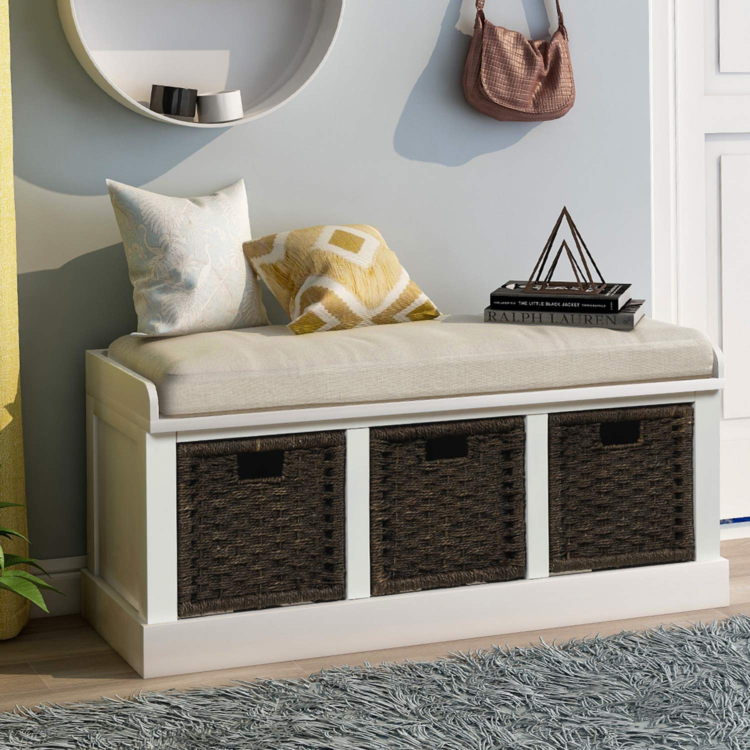 Harper & Bright Designs Rustic Entryway Storage Bench with 3 Removable Baskets & Cushion - Shoe Organizer Bench for Living Room, Hallway, Bedroom - White (Perfect for Small Spaces & Home Organization)