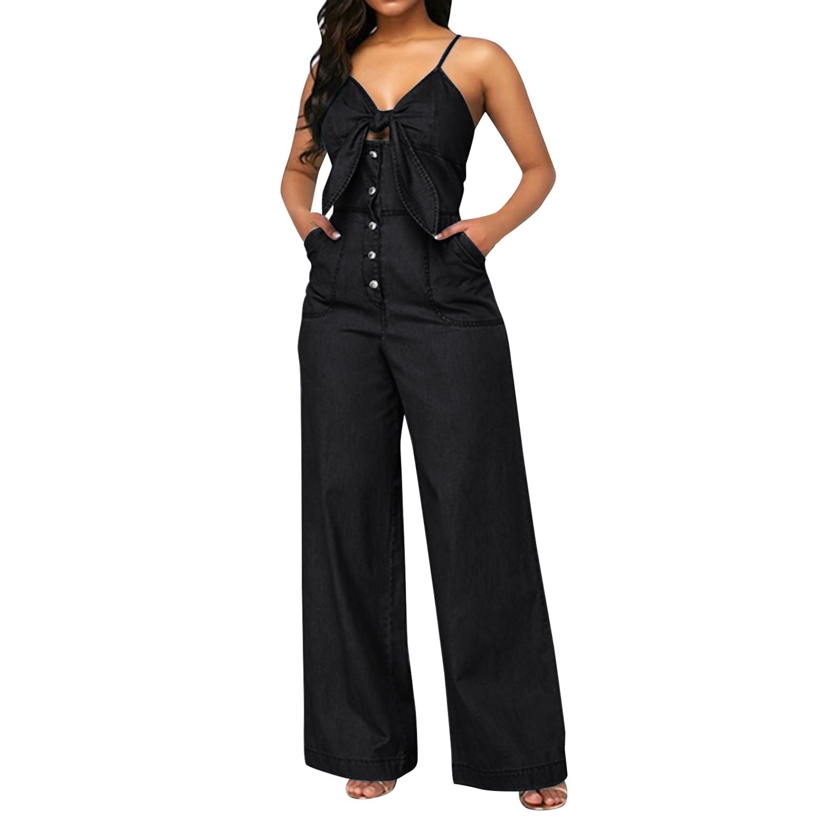Women's Casual Denim Jumpsuit - Sleeveless Spaghetti Strap Romper with Wide Leg Pants | Comfortable Loose Fit for Summer Outings, Beach Wear & Casual Fashion