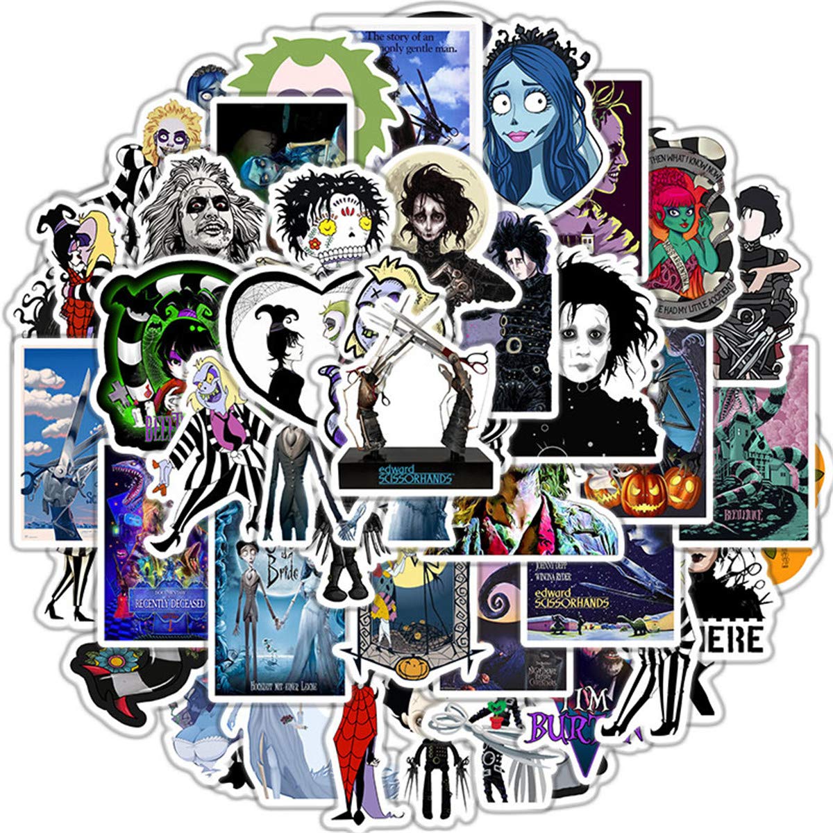 Halloween Tim Burton Movie Stickers Pack - 50 Unique Film Themed Decals for Laptop, Computer, Hydro Flask & Water Bottle | Perfect for Halloween Decorations, Scrapbooking & Gift Giving