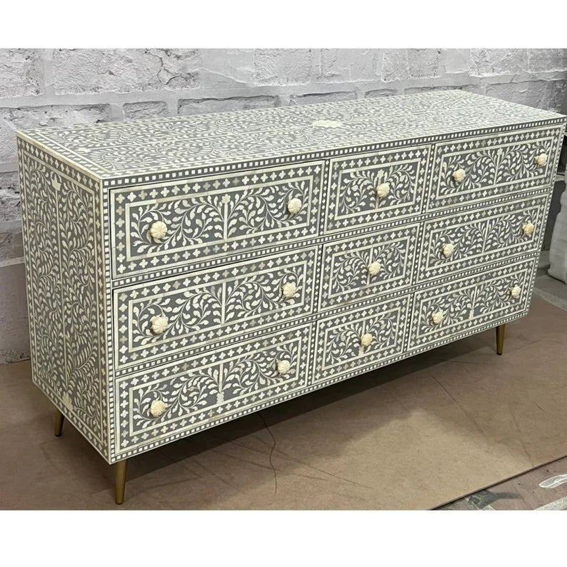 Handmade Bone Inlay 9-Drawer Dresser - Vintage Boho Bedroom Furniture for Storage & Organization | Perfect for Bedroom, Living Room & Guest Room Decor