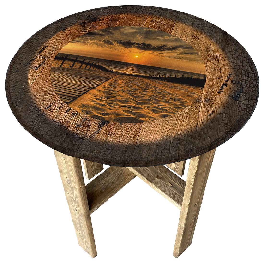 Rustic Round Whiskey Barrel End Table - Farmhouse Beach House Decor for Boardwalk & Coastal Living Room, Bedroom, or Patio