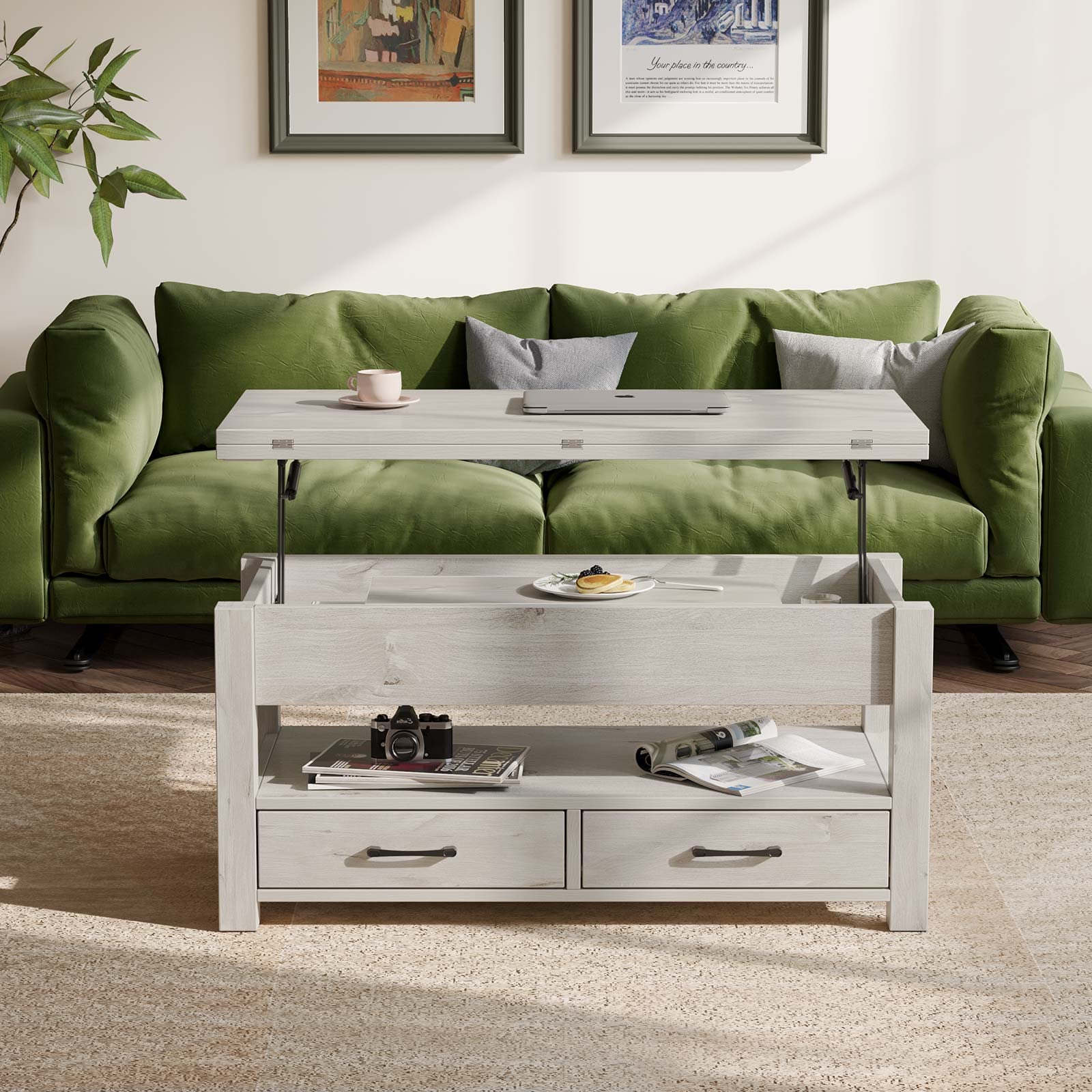 Rolanstar Lift Top Coffee Table - Convertible to Dining Table with Drawers & Hidden Storage | Multi-Functional Living Room & Home Office Furniture in Grey | Perfect for Small Spaces, Entertaining & Remote Work