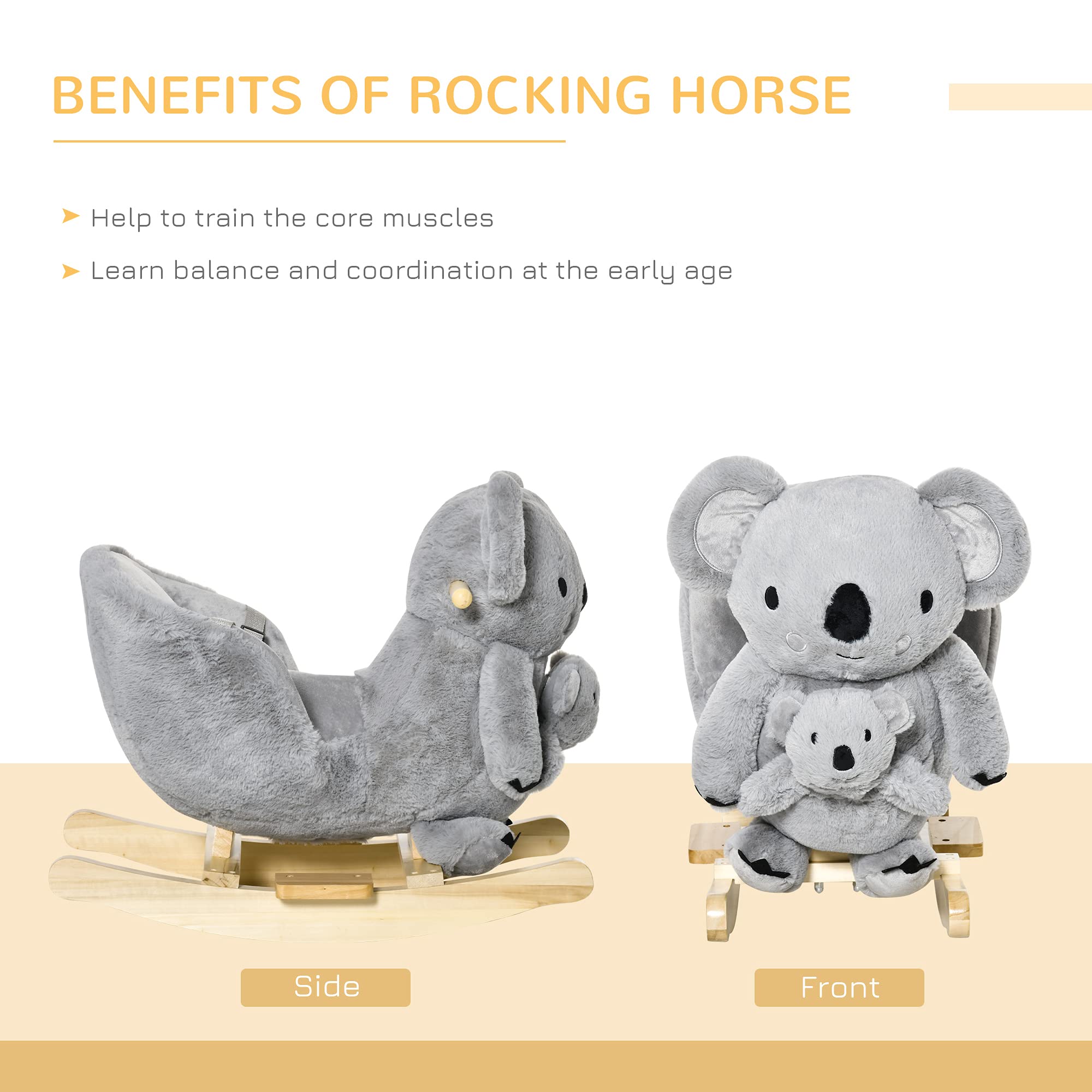 Qaba Kids Plush Ride-On Rocking Horse - Koala-Shaped Soft Toy Rocker with Gloved Doll & Realistic Sounds for Toddlers 18-36 Months (Gray) | Perfect for Indoor Play, Birthday Gifts & Early Childhood Development