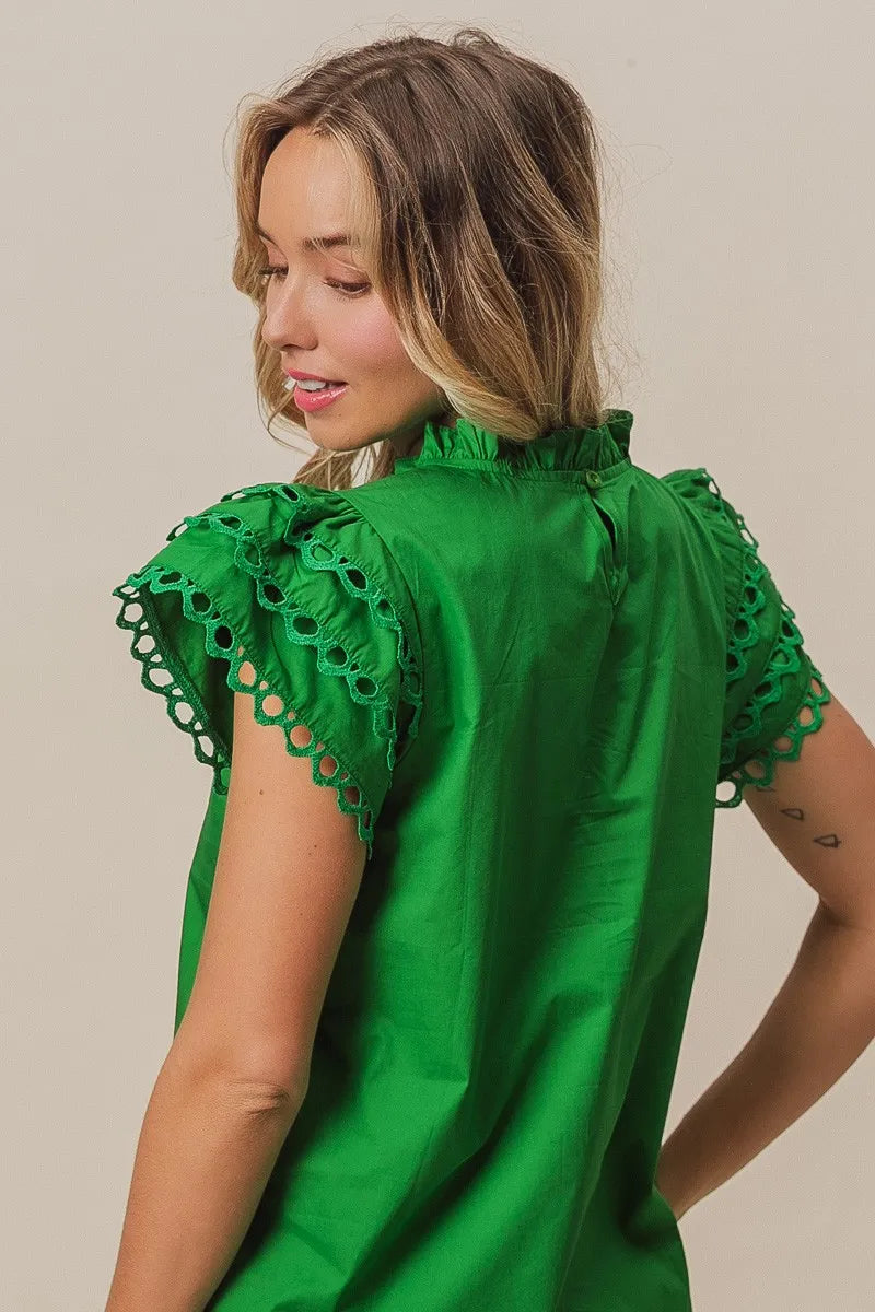 BiBi Solid Woven Circle Trim Ruffle Top Women's Fashion Blouse | Perfect for Casual Outings, Date Nights & Summer Vacations