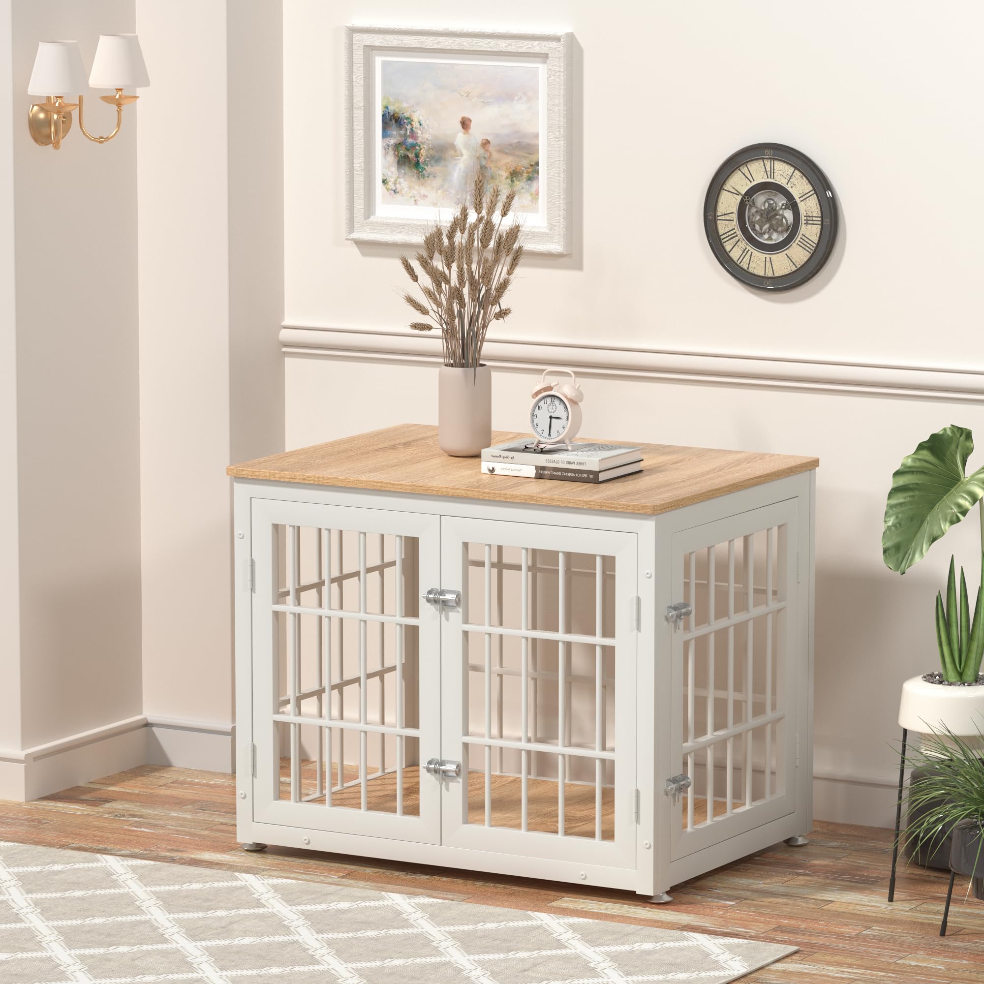 Heavy Duty Wooden Dog Crate Furniture for Small & Medium Dogs - Decorative Pet House End Table with Kennel - Indoor White & Natural Dog Cage for Living Room, Bedroom or Office