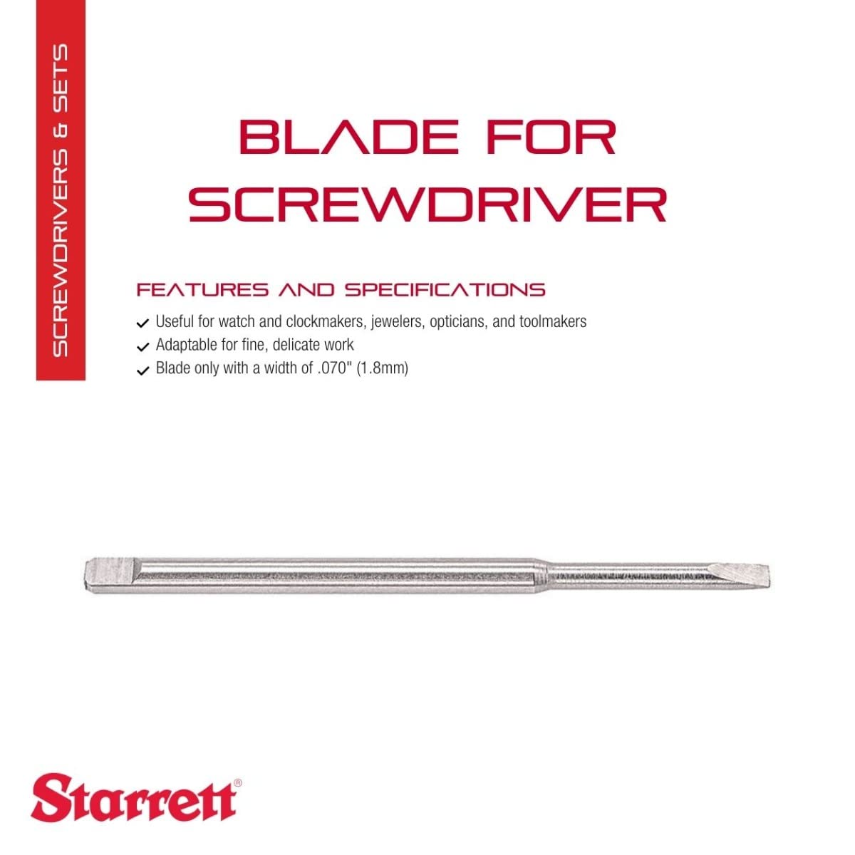 Starrett Jewelers Screwdriver Replacement Blade - 0.070-Inch Precision Blade for Fine Watch & Jewelry Repair, Small Electronics, Eyeglasses & Delicate Work - PT02449C