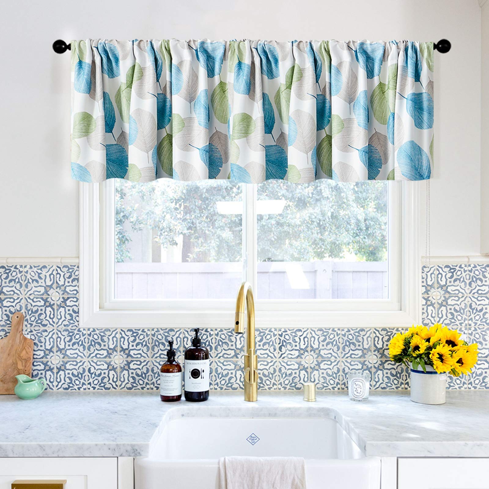 MRTREES 16 Inch Room Darkening Valance Curtains - Green Leaves Printed Kitchen & Bathroom Window Treatments, Triple Weave Fabric, Rod Pocket Design, Multi-Color for Living Room & Small Windows | Perfect for Bedroom, Nursery & Home Decor
