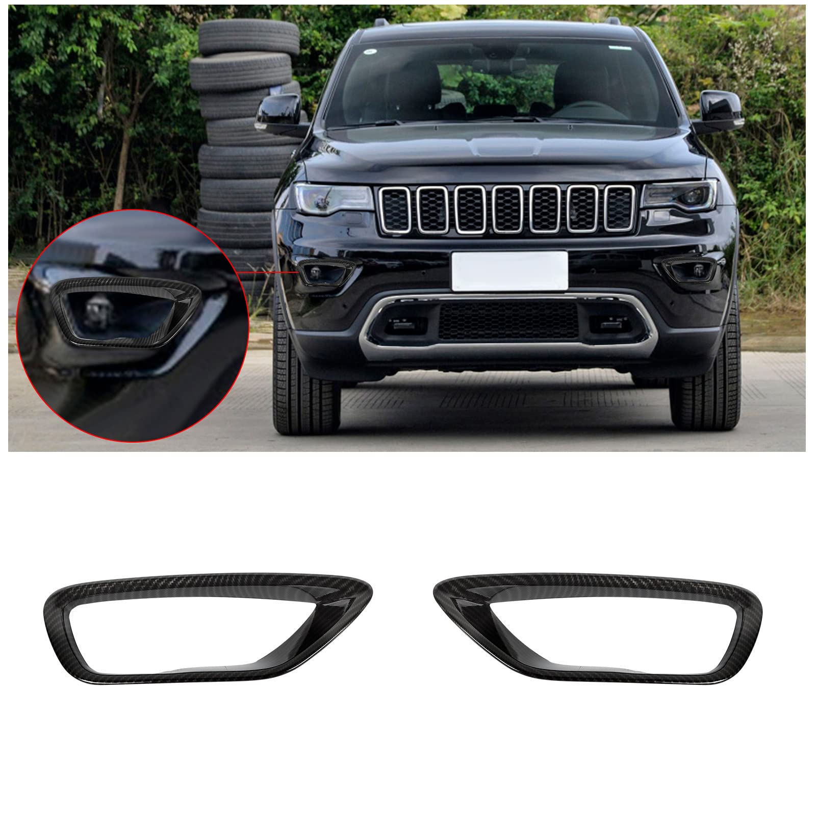 Hoolcar Carbon Fiber Front Fog Light Covers Replacement for 2018-2020 Jeep Grand Cherokee - Durable Fog Lamp Frame Trim for Off-Road & Night Driving Protection