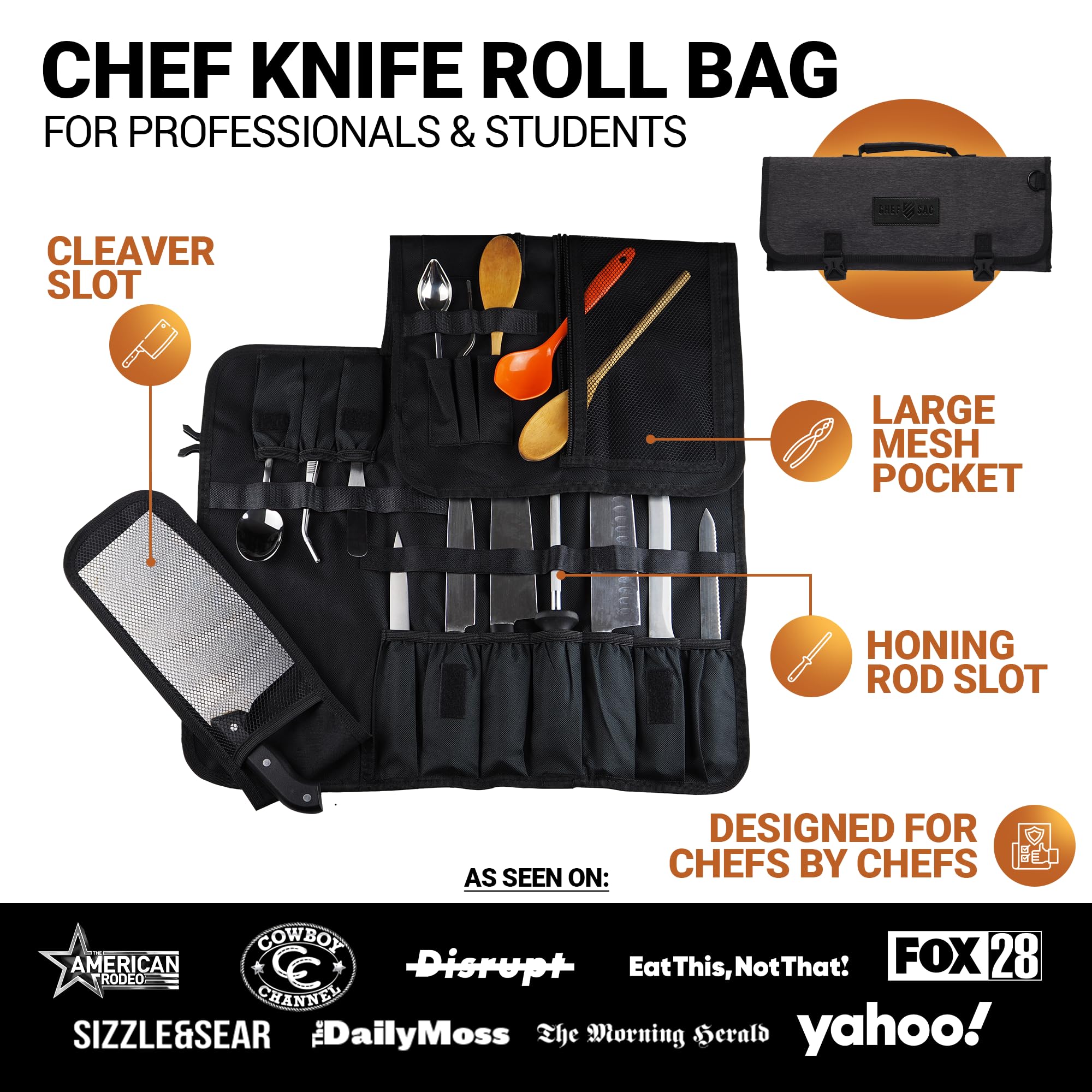 Professional Chef Knife Roll Bag - 8+ Slots Waterproof Knife Storage Case for Kitchen Tools | Durable Knife Carrying Bag for Chefs & Culinary Students (Black) | Perfect for Restaurant Work, Cooking Classes & Travel