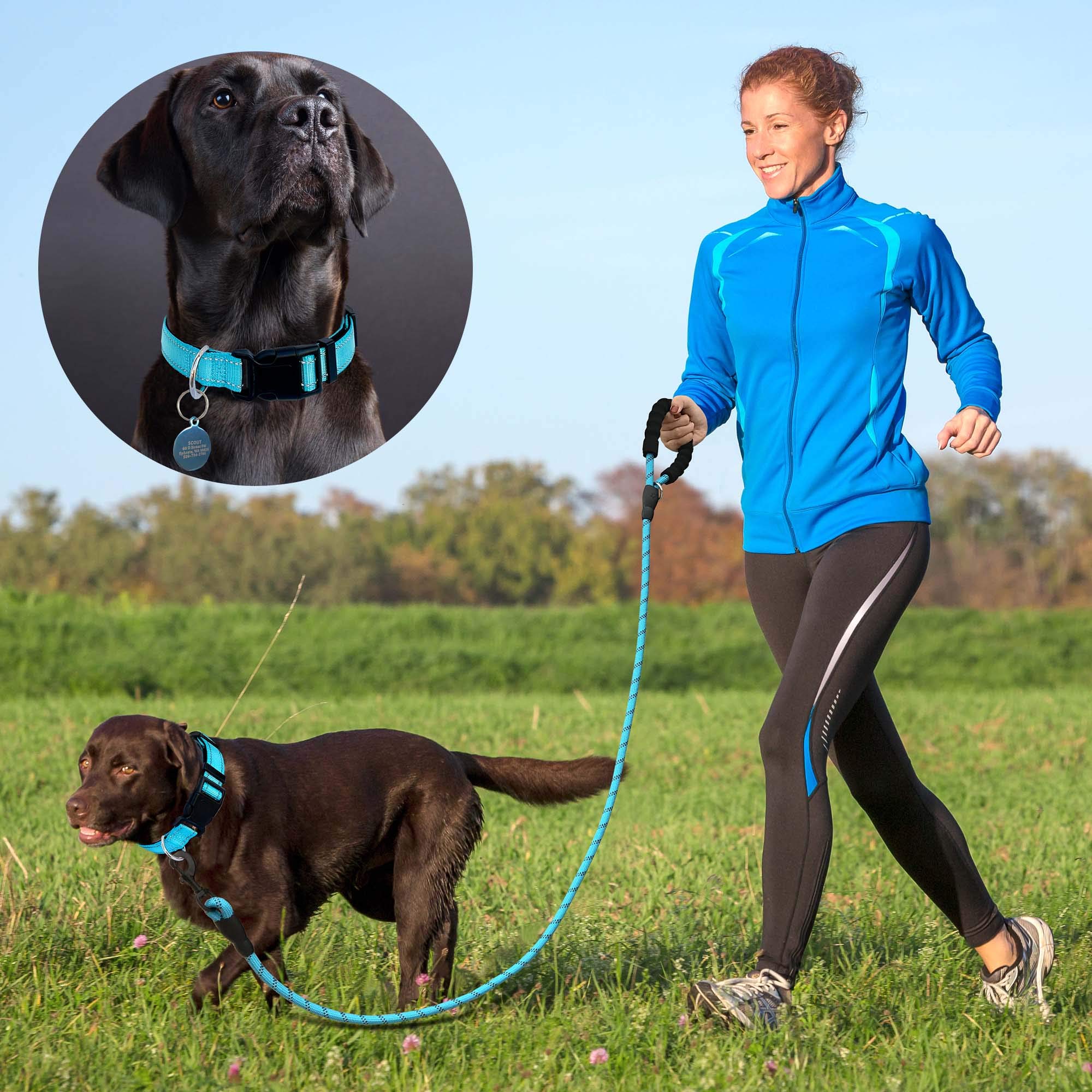 Reflective Padded Dog Collar with Soft Neoprene - Adjustable Nylon Pet Collar for Small, Medium & Large Dogs - Blue Collar with Leash Included (Pack of 1) - Perfect for Night Walks, Jogging & Outdoor Adventures