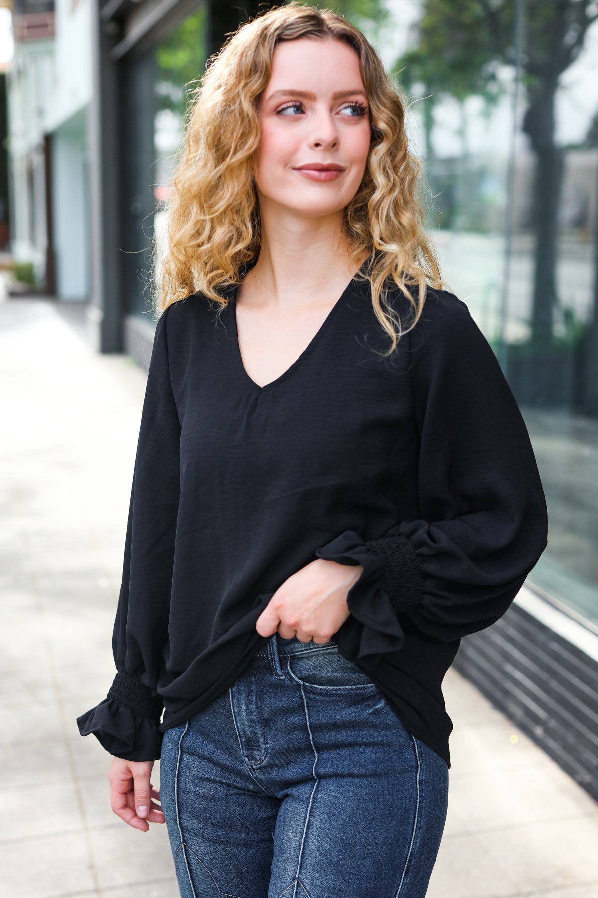 Hello Beautiful Black Smocked Bubble Sleeve Woven Top - Women's Elegant Blouse for Casual Wear, Date Night & Office Outfits