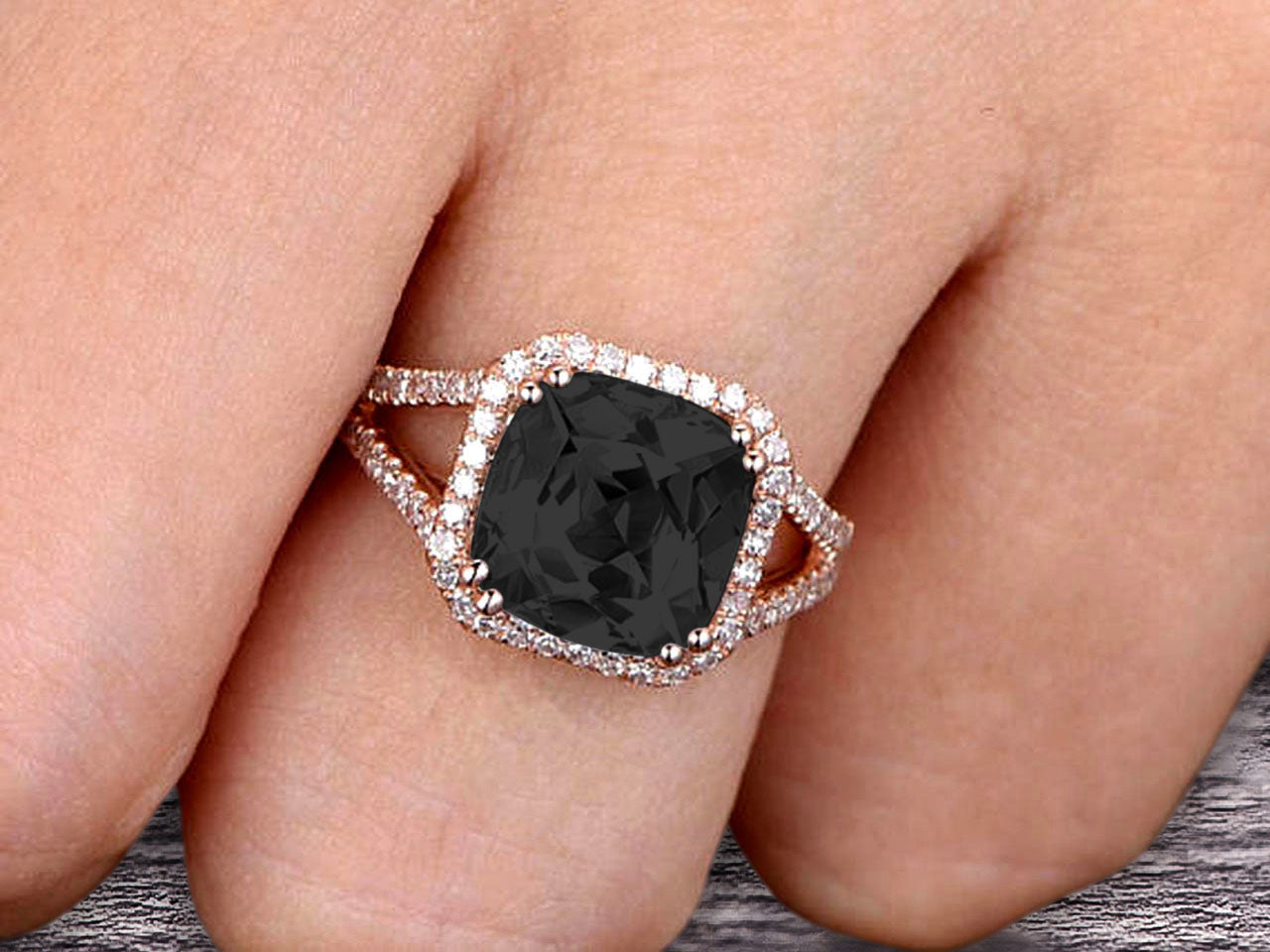 1.50 Carat Black Diamond Moissanite Engagement Ring - 10k Rose Gold Halo Cushion Cut Wedding Band for Women | Anniversary Gift, Proposal Jewelry, Valentine's Day Present