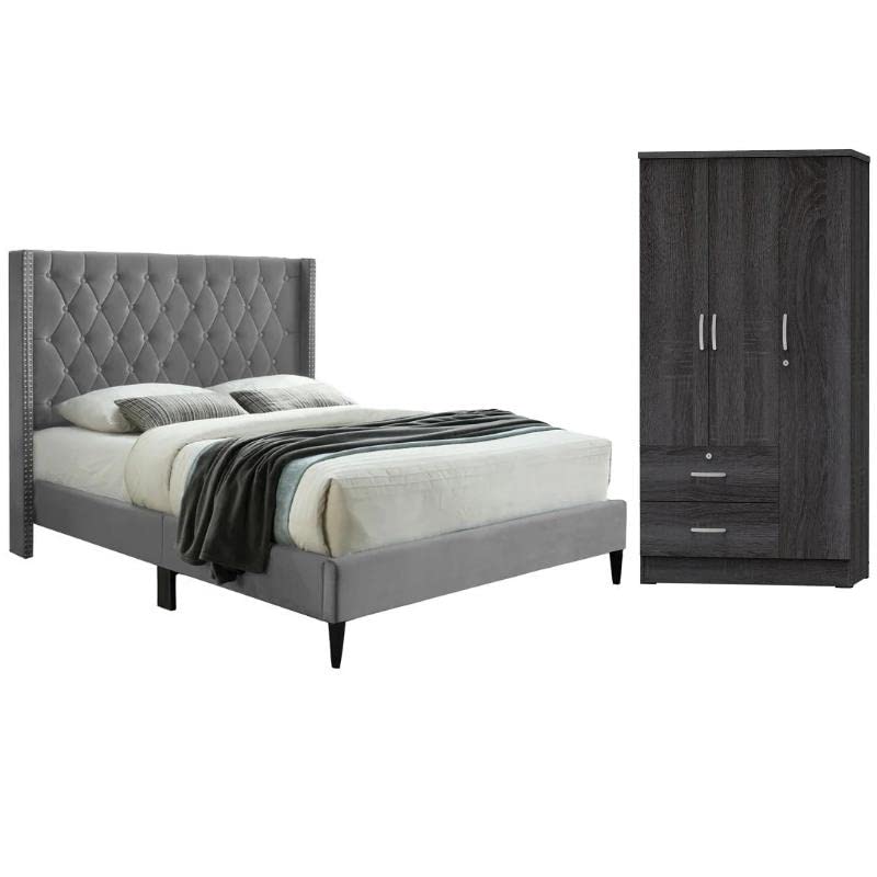 Home Square 2-Piece Queen Bedroom Set with Platform Bed & Wardrobe Closet - Gray Modern Bedroom Furniture for Small Spaces & Apartment Living