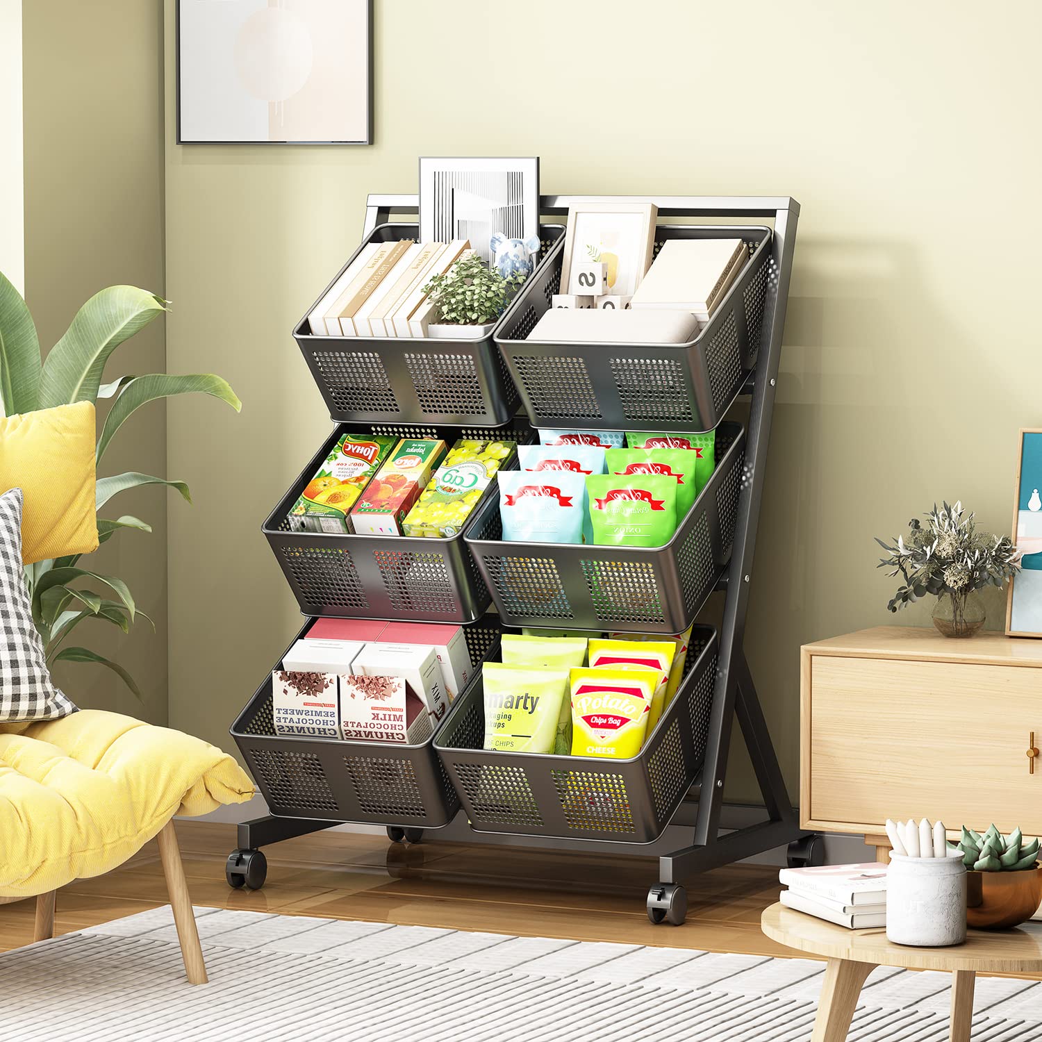 3-Tier Metal Kitchen Storage Basket with Wheels & Push Handle - Black | Multi-Purpose Organizer for Fruits, Vegetables, Pantry & Bathroom | Space-Saving Floor Stand Cart for Home & Office