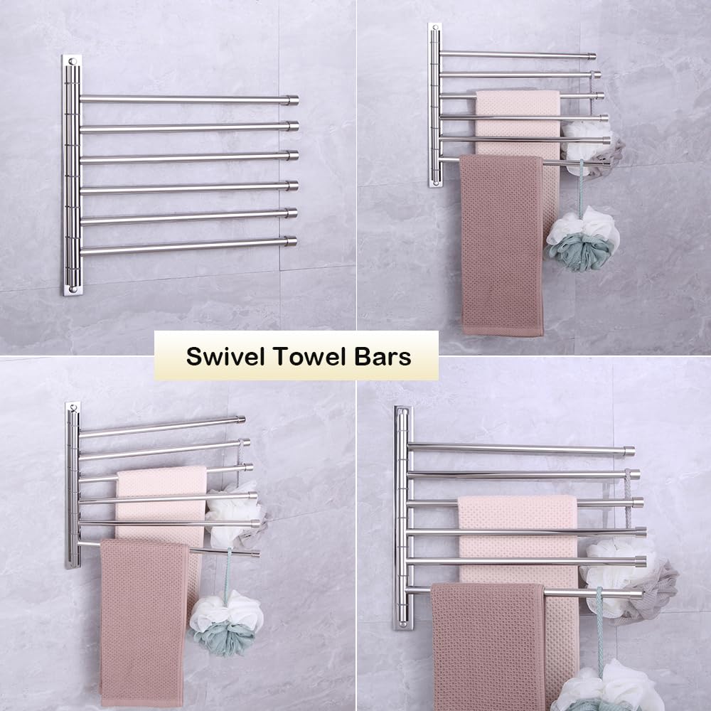Stainless Steel Swing Out Towel Bar - 6-Arm Folding Towel Rack with Swivel Hanger, Wall Mount Bathroom Organizer for Hand & Kitchen Towels | Polished Finish for Modern Homes (Ideal for Small Spaces & Spa-Style Bathrooms)