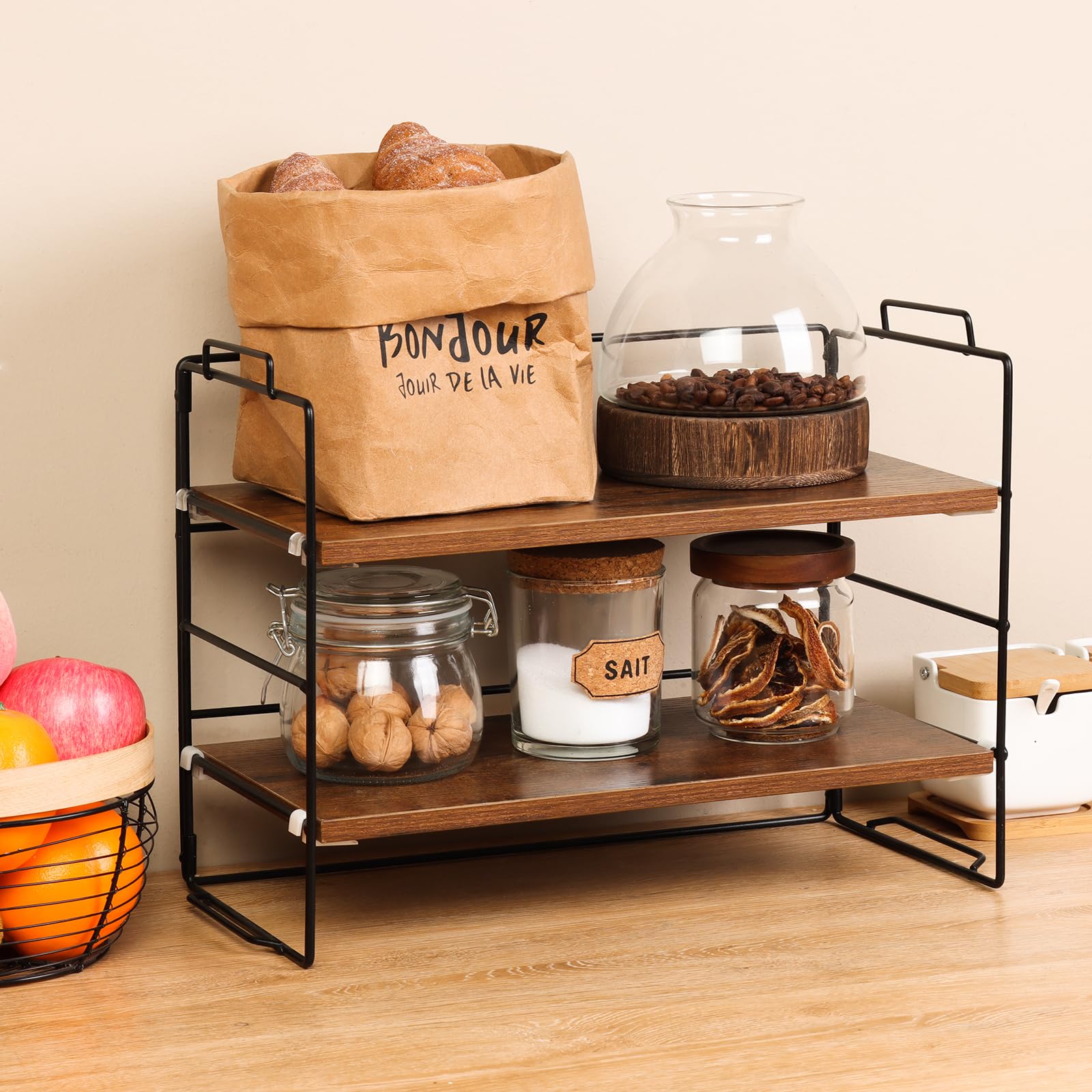 Premium Wooden Desk Organizer - 2-Tier Adjustable Stackable Desktop Shelf for Office Supplies, Books & Decor | Space-Saving Storage Solution for Home Office, Kitchen Counter & Bathroom | 15.75