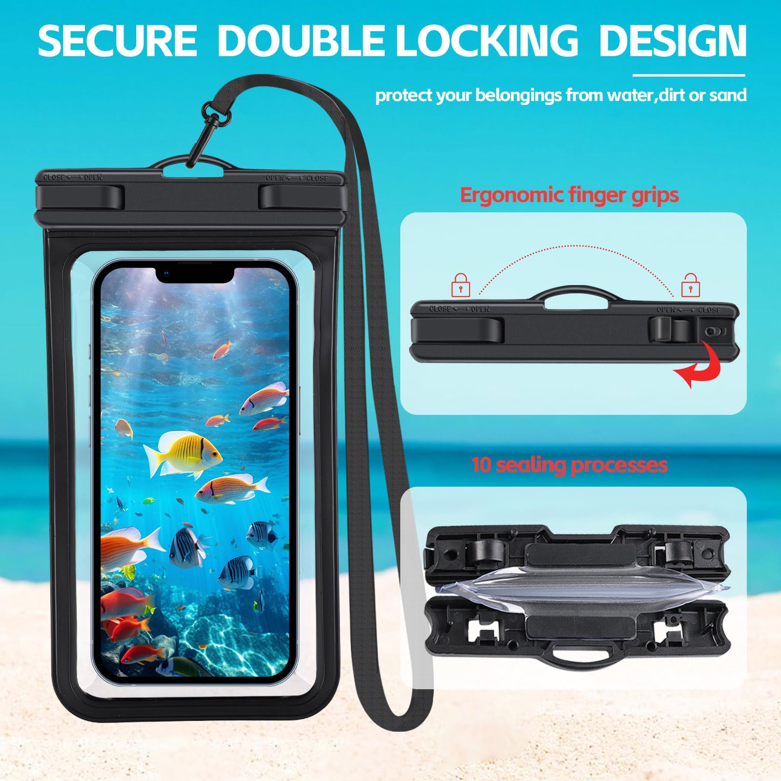 Waterproof Phone Pouch 2 Pack - IPX8 Waterproof Case for iPhone 15 14 13 12 Pro Max Plus Samsung Google Pixel (Up to 7.2 Inch) - Underwater Dry Bag for Kayaking, Swimming, Beach & Cruise - Clear & Black - Perfect for Water Sports, Travel & Outdoor Activities