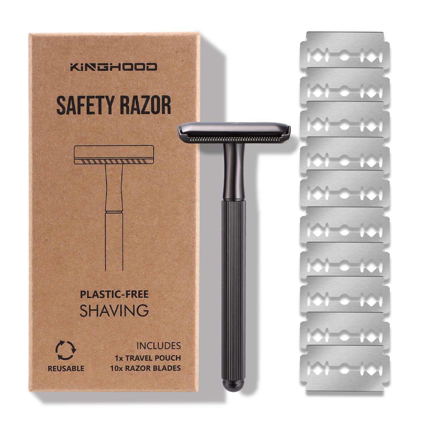 Premium Brass Safety Razor with 10 Double Edge Blades - Eco-Friendly Reusable Razor for Men with Weighted Long Handle - Perfect for Sensitive Skin & Close Shaving - Ideal for Travel, Daily Grooming & Wet Shaving Routine