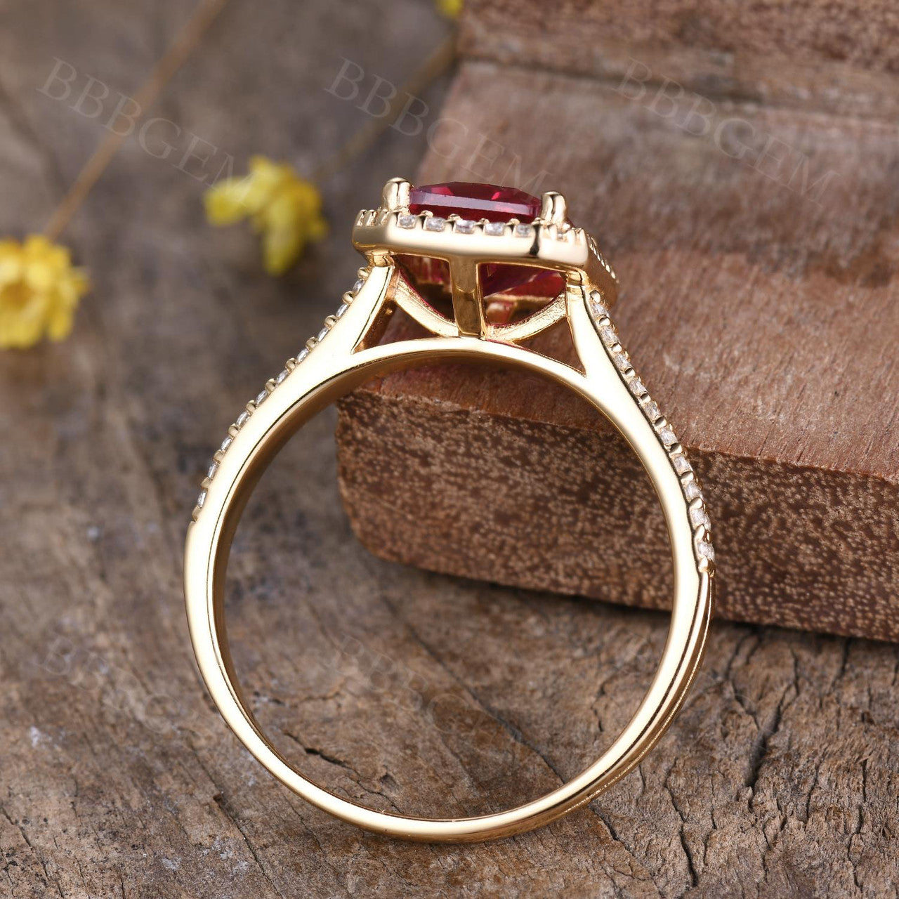 Vintage 8X10mm Yellow Gold Ruby Engagement Ring with Diamond Halo Wedding Band - 4 Carat Genuine Ruby & Diamond Ring for Women, Perfect for Proposals, Anniversaries & Special Occasions