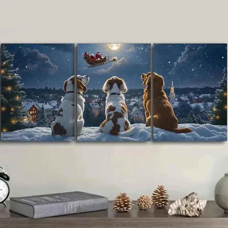 3pcs Santa Claus Dog Wall Art Set - Framed Canvas 50x70cm - High Quality Print - 100% Australian Made - Ready to Hang - Perfect for Living Room, Bedroom & Office Decor