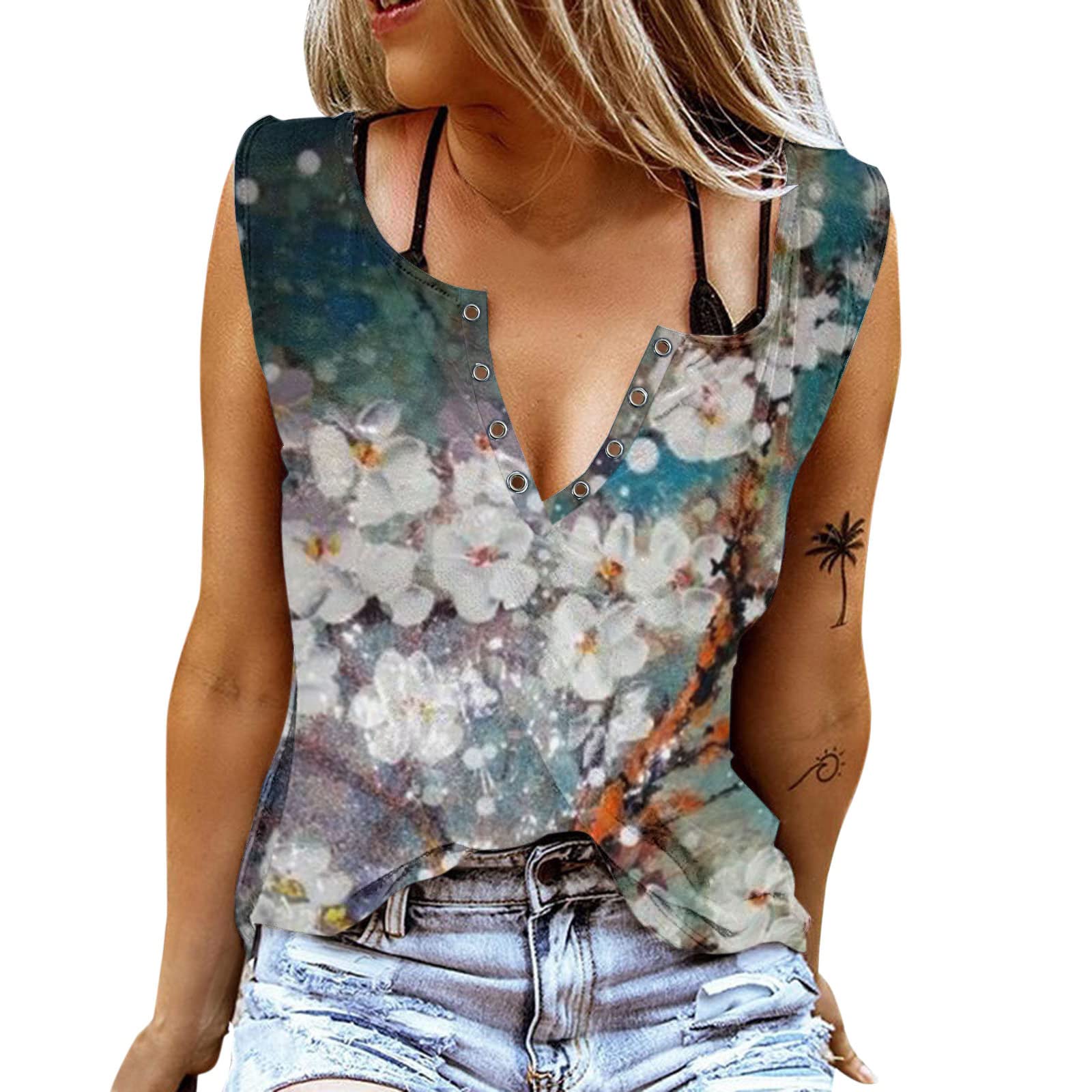 Women's Floral V-Neck Sleeveless Tank Tops - Summer Casual Side Split T-Shirts for Women | Perfect for Beach, Vacation & Everyday Wear