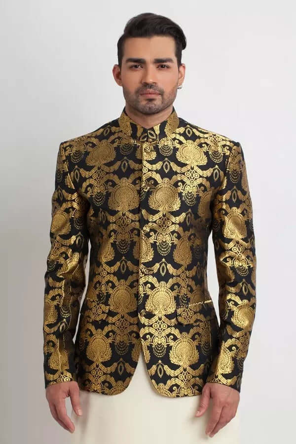 Black & Gold Pure Silk Jamavar Prince Coat AI JKT 00004 | Elegant Indian Formal Wear for Weddings, Parties & Special Occasions