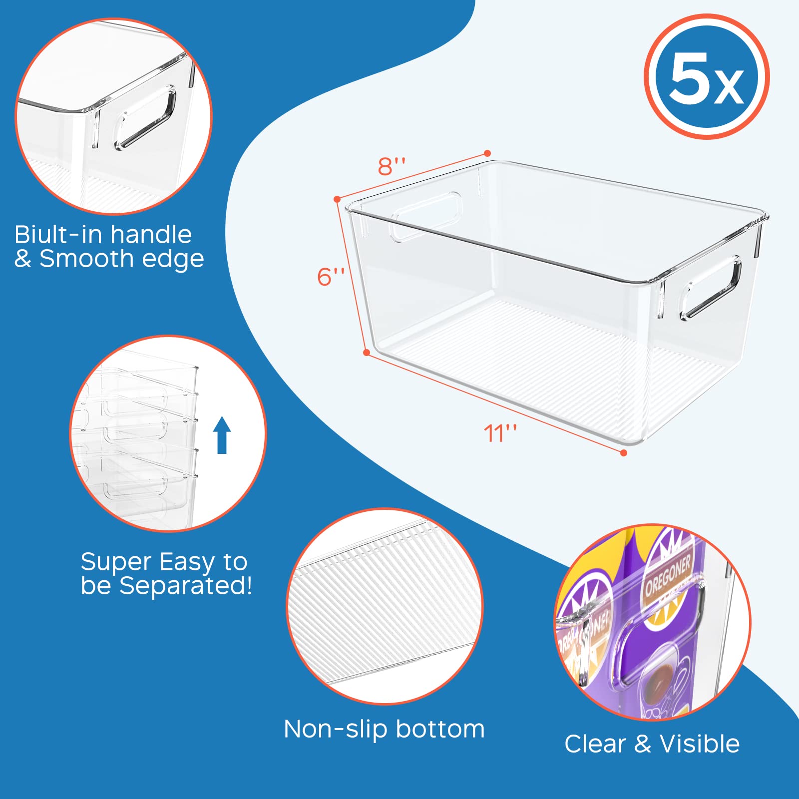 5-Pack Large Clear Plastic Storage Bins with Handles – 11x7.5x6 Inch Kitchen Pantry Organizers for Refrigerator, Cabinet & Countertop – Perfect for Food Storage, Spice Organization & Home Decluttering