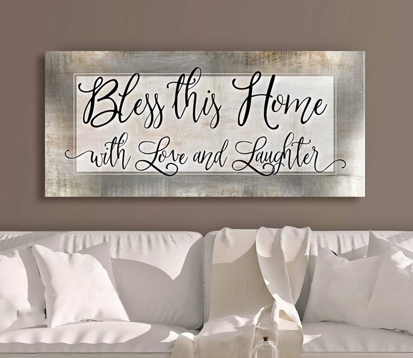 Bless This Home With Love Religious Wall Decor - Rustic Housewarming Gift for Living Room - Light Brown Wooden Sign 60x27 Inches - Perfect for Farmhouse, Christian & Wedding Home Decor
