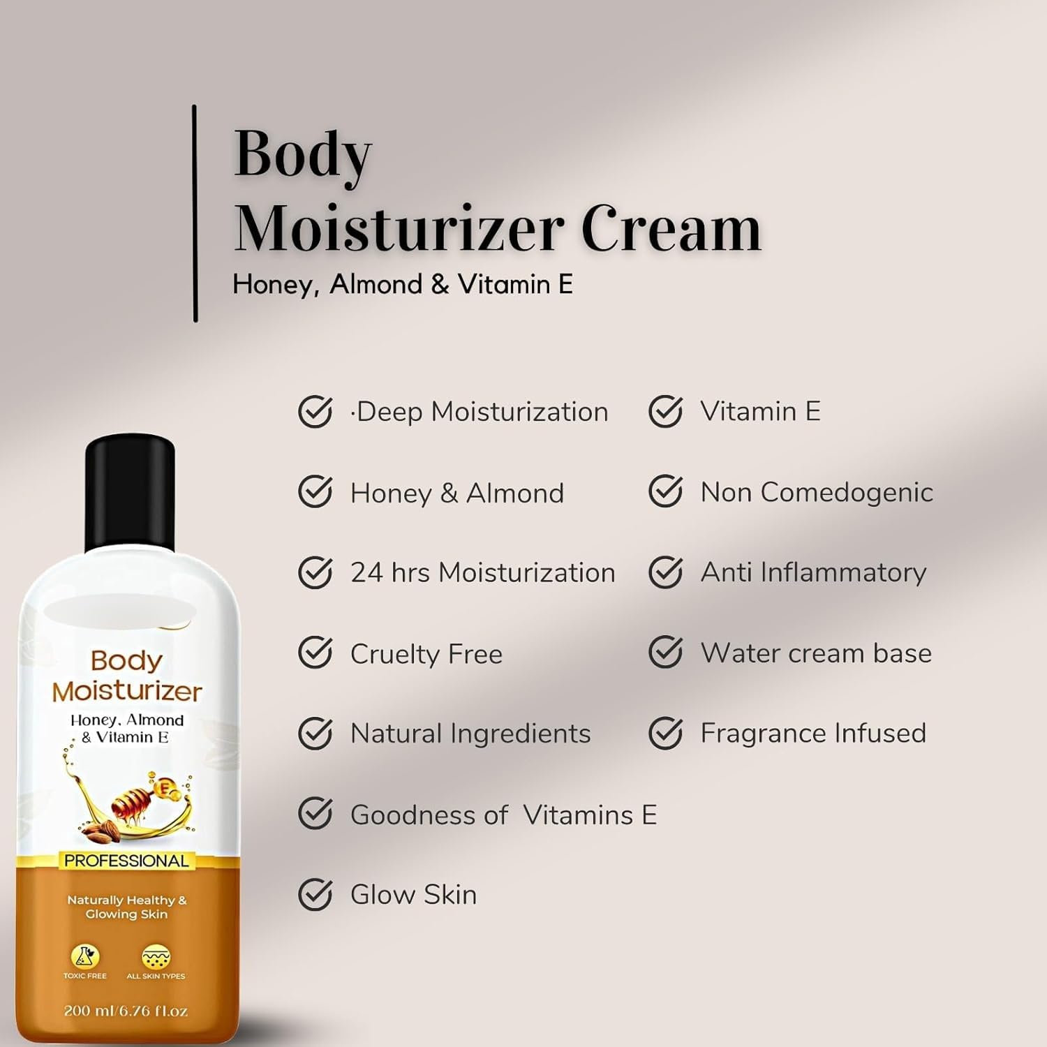 Honey Almond & Vitamin E Moisturizing Cream for Face, Hands & Body - Non-Greasy, Oil-Free Hydration for Glowing Skin - 24 Hour Nourishment - 200ml - Perfect for Dry Skin Care & Daily Moisturizing Routine