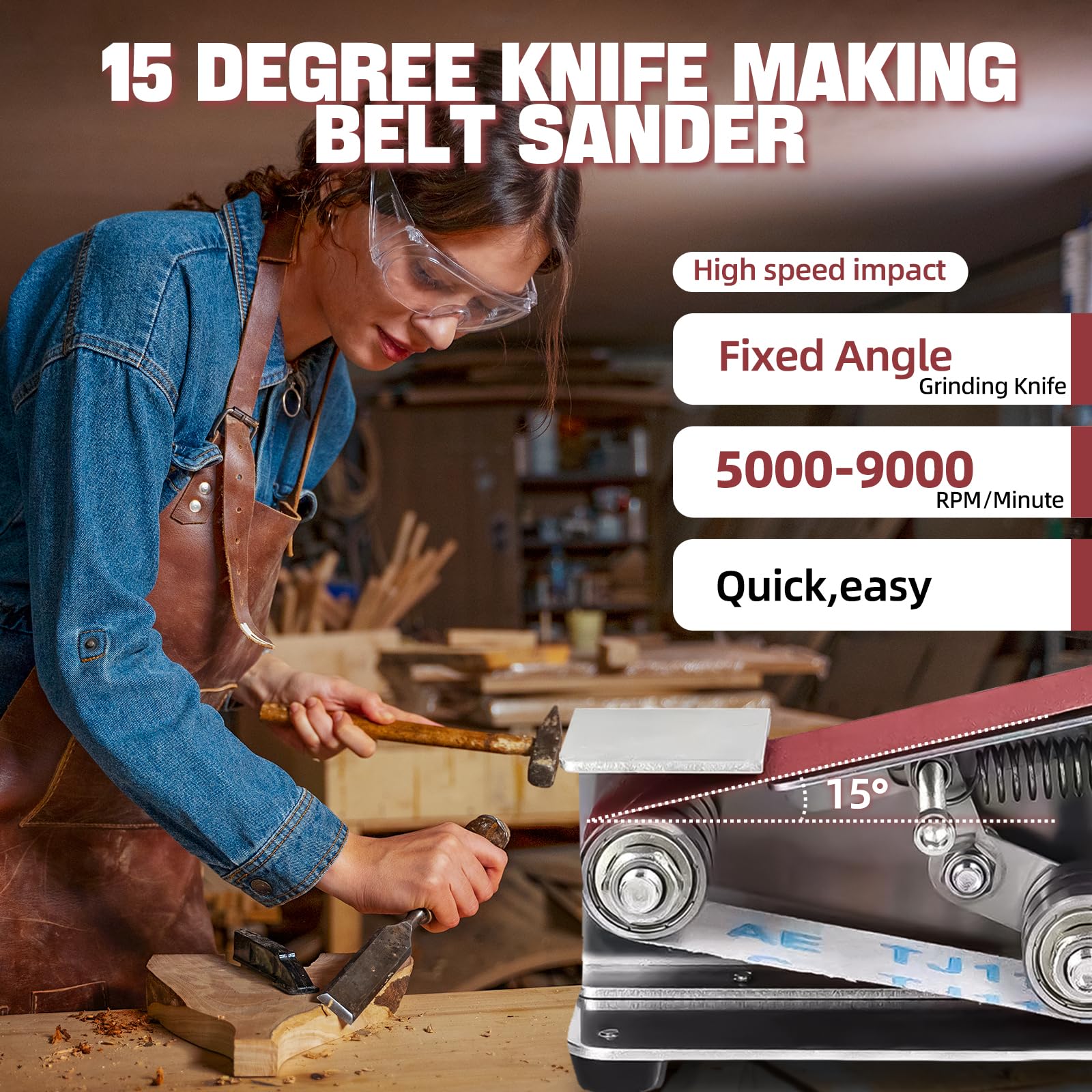 3-In-1 Mini Belt Sander with 7 Adjustable Speeds - Professional Knife Sharpener & Grinder System for Hunting, Kitchen & Serrated Knives - Wood & Plastic Craft Tool (6.6 Inches) - Perfect for DIY Projects, Metal Polishing & Blade Maintenance