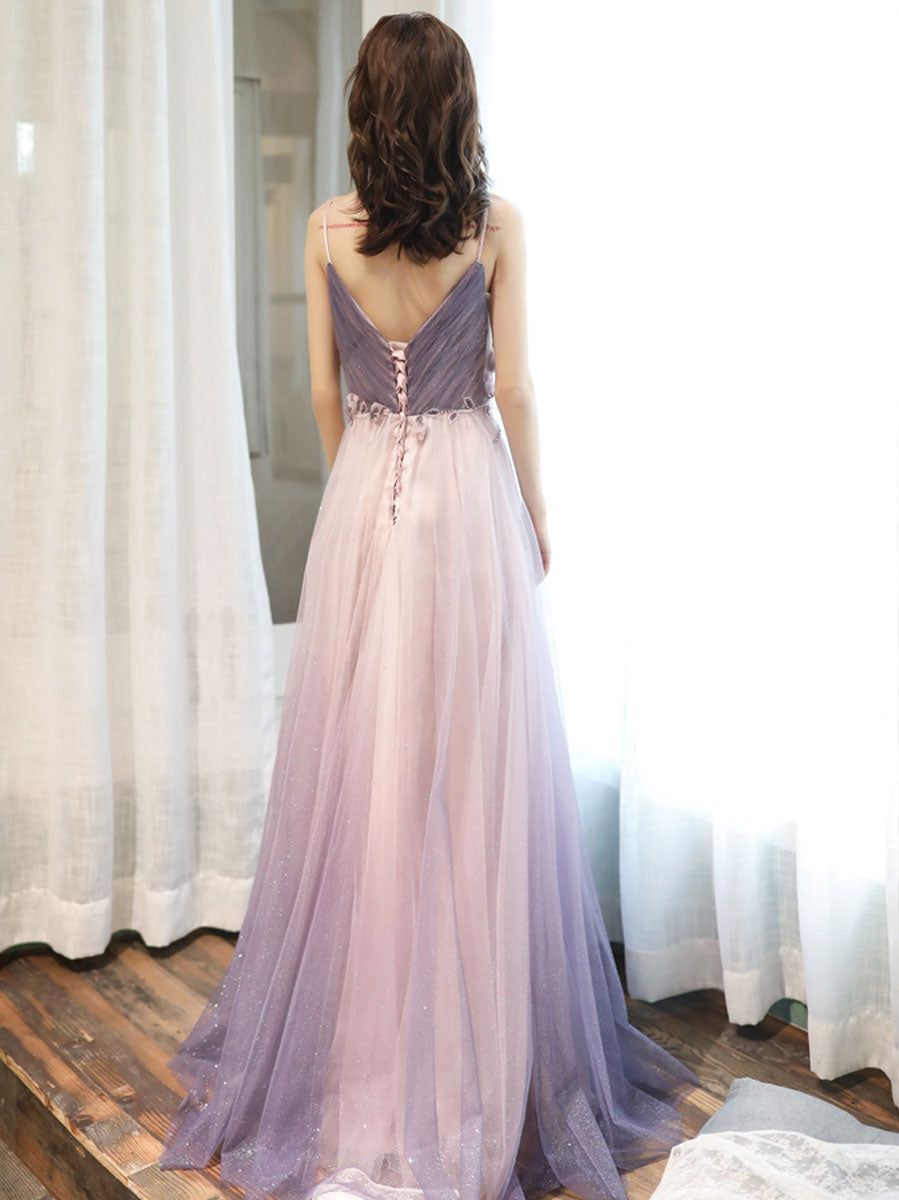 Elegant Purple V-Neck Tulle Long Prom Dress for Women - Formal Evening Gown for Homecoming, Ball, and Special Occasions