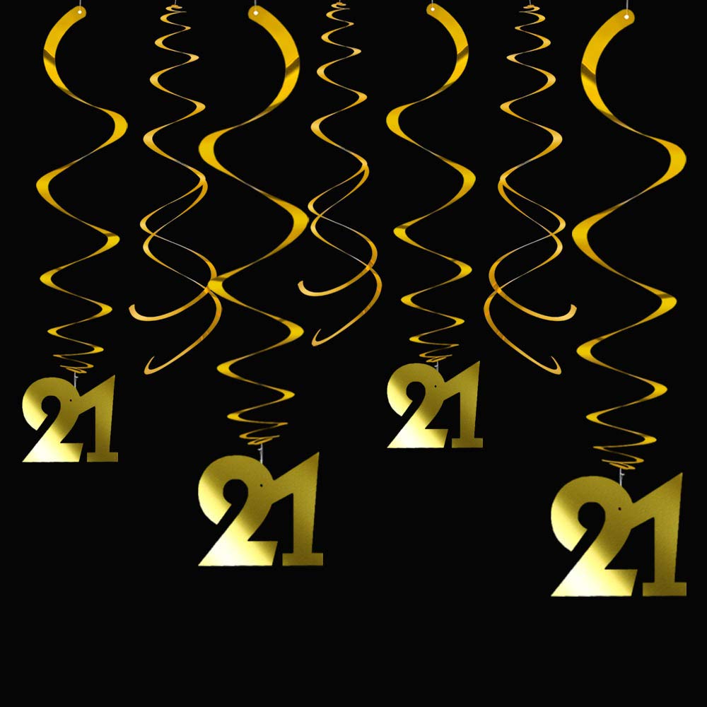 21st Birthday Party Decorations - Pack of 20 Gold Foil Ceiling Hanging Swirls for 21st Anniversary & Special Events - Perfect for Birthday Parties, Graduations & Celebrations