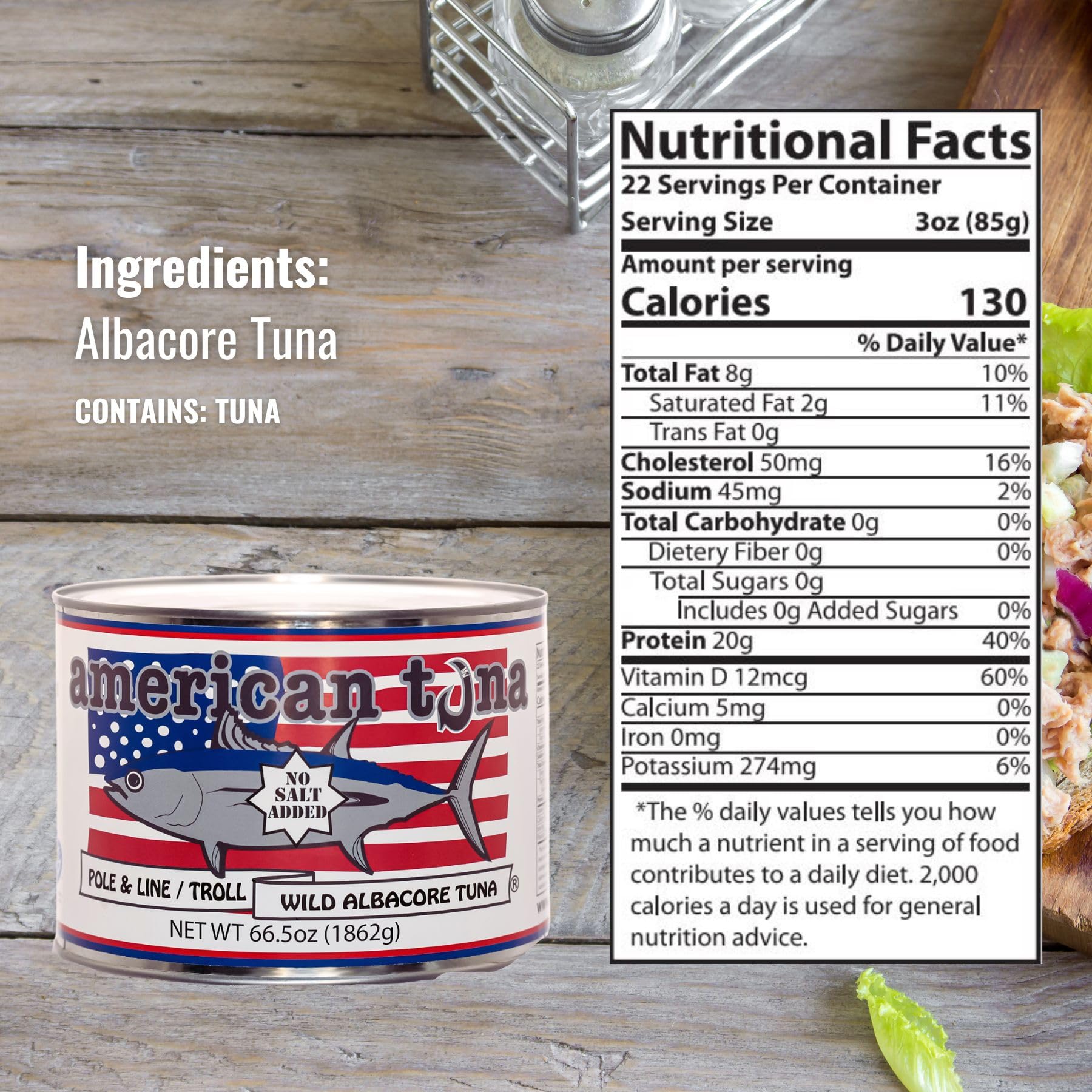 Premium Wild Albacore Tuna - No Salt Added, MSC Certified, Sustainably Pole & Line Caught | 66.5oz Can | High Protein Healthy Canned Fish for Salads, Sandwiches & Keto Diet | American Tuna Brand