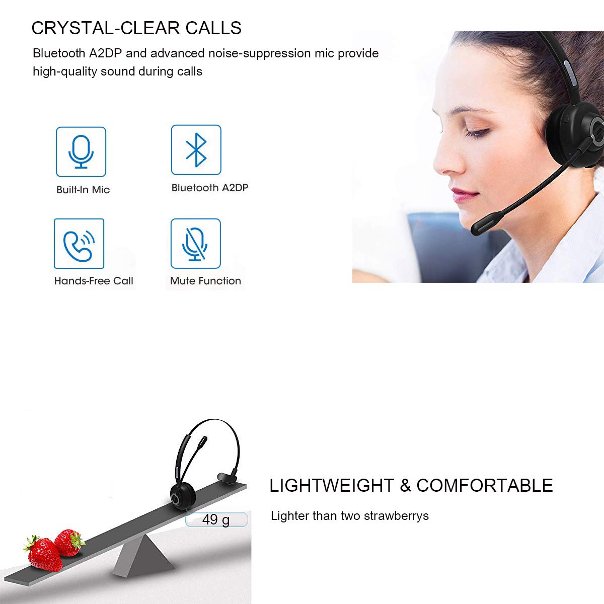 RAOPINGX Trucker Bluetooth Headset Wireless Headphones with Microphone - Over-Ear Noise Cancelling Headset for Phone Calls, Bluetooth 5.0 - Perfect for Truck Drivers, Call Centers, Office Work & Driving