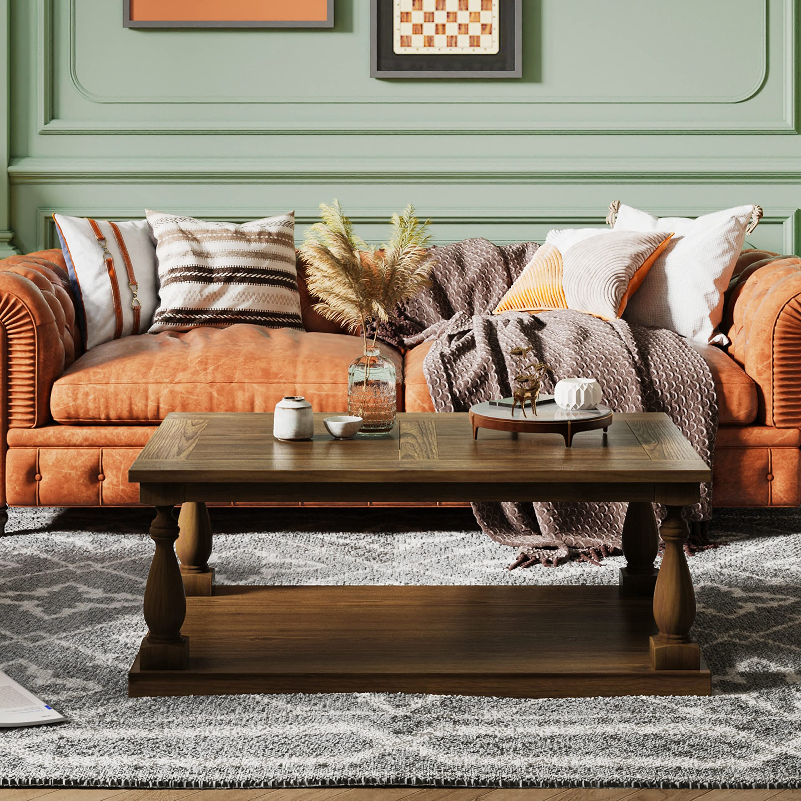 Rustic Solid Pine Wood Floor Shelf Coffee Table with Storage - Perfect for Living Room, Bedroom, and Home Office Organization
