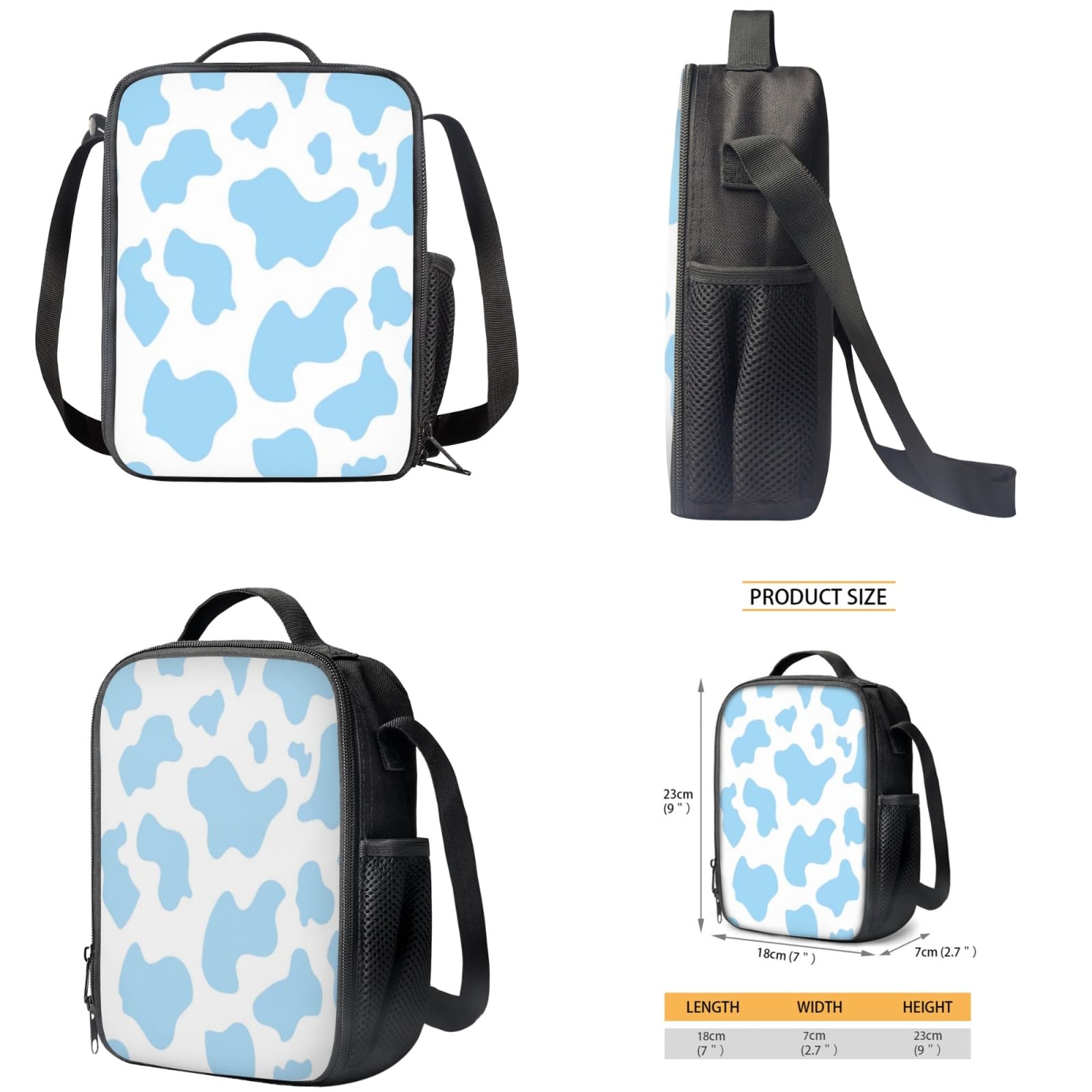 Blue Cow Print Backpack for Girls & Boys - School Book Bag with Lunch Box, Pencil Case, Drawstring Bag & Keychain - Durable Travel Daypack & Satchel for Teens - Perfect for School, Travel & Outdoor Adventures