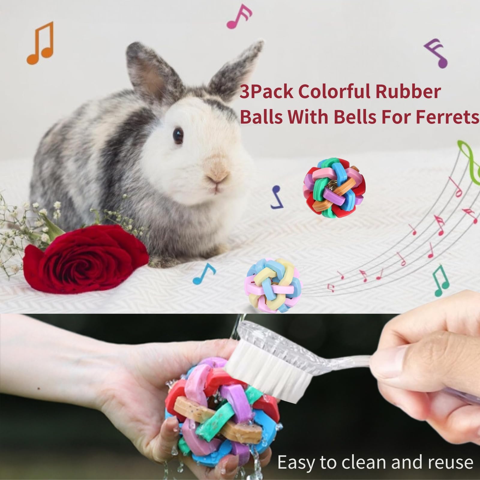 3Pcs Ferret Cat Ball Toys - Colorful Bouncy Rubber Interactive Ball with Bell, Exercise Scratch Chew Toys for Indoor Pet Ferret, Cat, Dog, Bunny - Perfect for Playtime, Training & Mental Stimulation