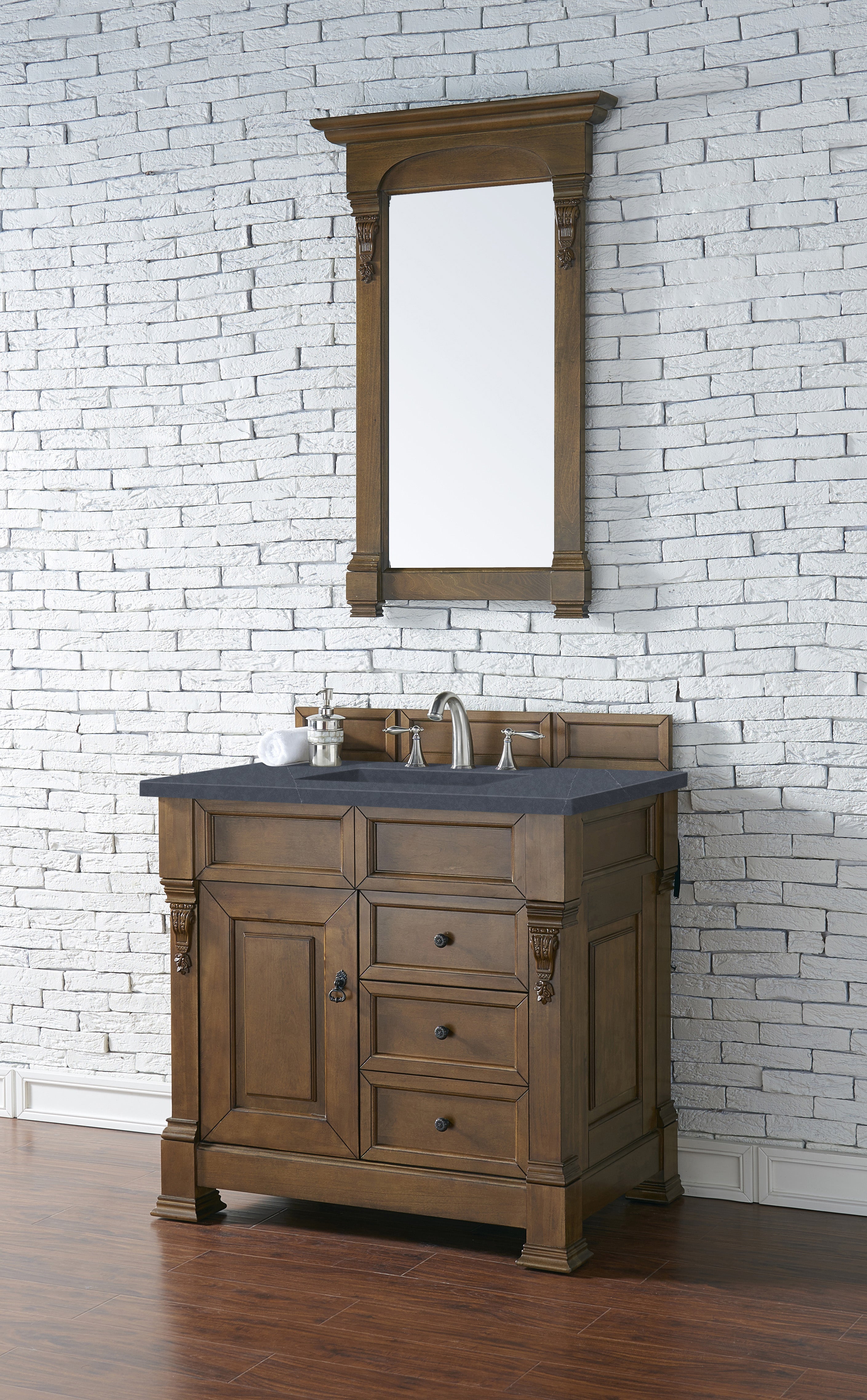 Brookfield 36 Inch Single Bathroom Vanity in Country Oak with 3CM Charcoal Soapstone Quartz Top - Perfect for Modern Farmhouse & Rustic Bathroom Decor