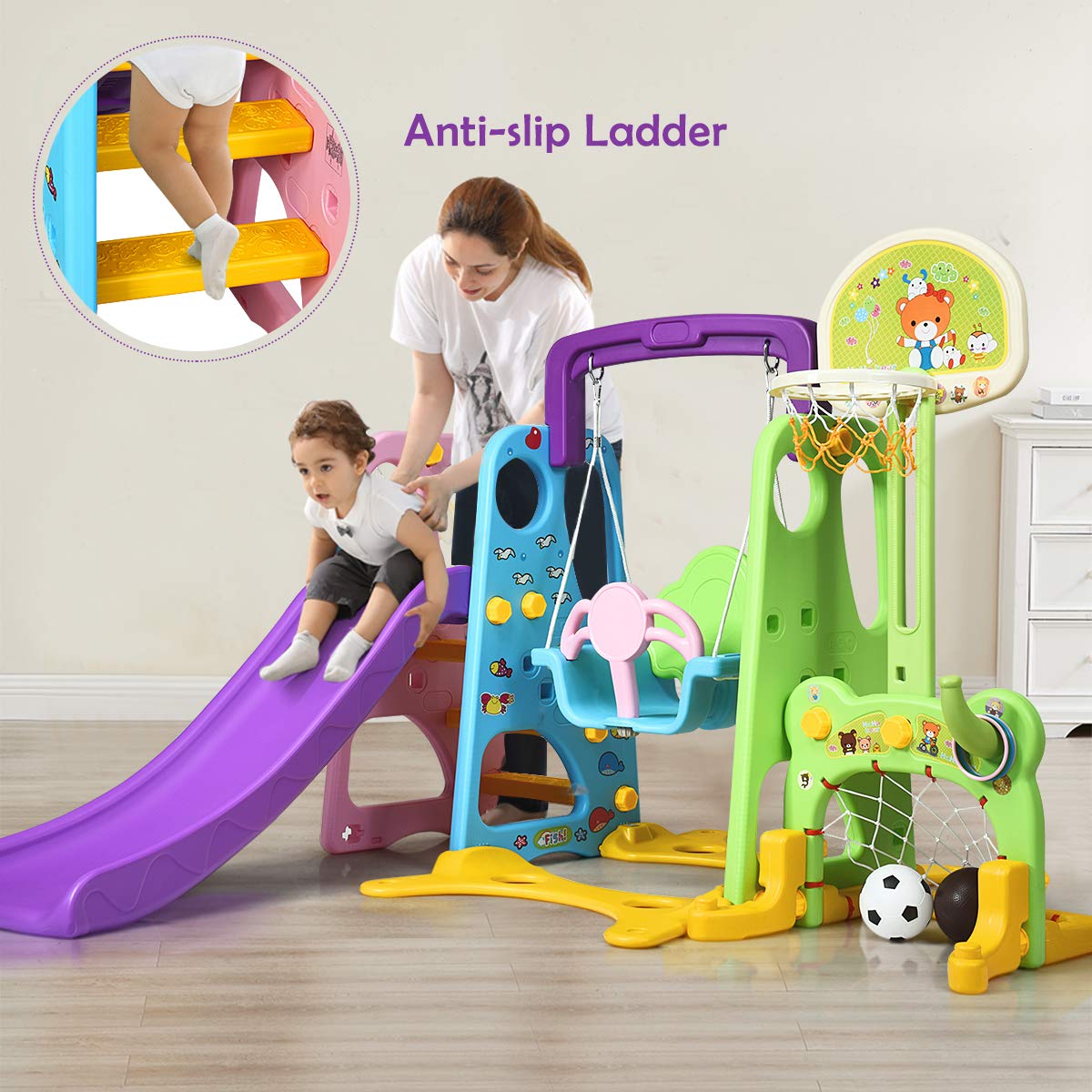 HONEY JOY 4-in-1 Toddler Swing and Slide Playset with Basketball Hoop - Extra Long Slide with Safety Buffer - Easy Assembly Indoor/Outdoor Climber for Kids Ages 2-5 - Perfect for Backyard, Playroom & Preschool Playground Activities