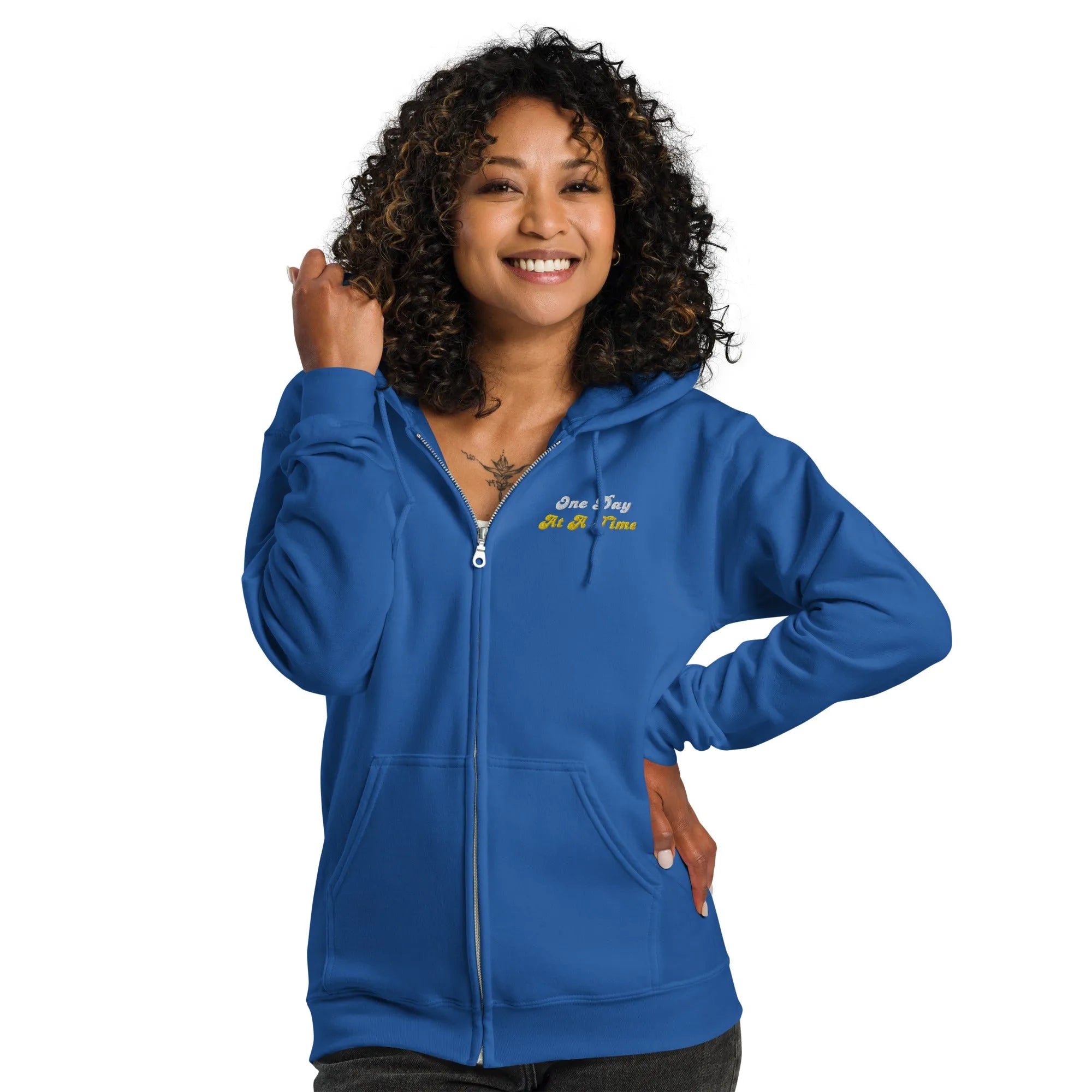 One Day At A Time Embroidered Zip Up Hoodie - Stylish Comfort for Everyday Wear, Perfect for Casual Outings and Relaxing at Home