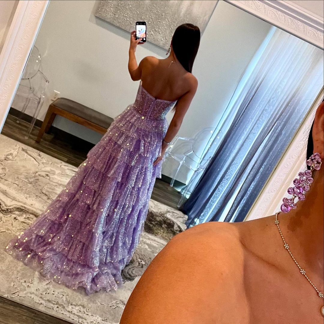 Elegant A-Line Purple Long Prom Dress with Tiered Skirt - Formal Evening Gown J5293 for Homecoming, Wedding, and Special Occasions