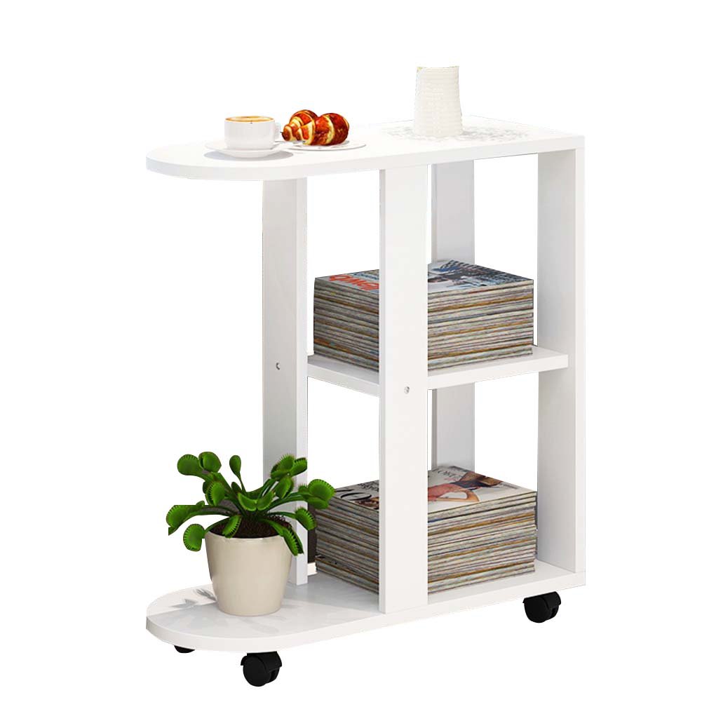 White Wooden Nightstand with Shelf Storage - Modern Bedside Table with Wheels for Bedroom, Living Room, or Office - Easy-Move Bedside Locker with Pull-out Shelf