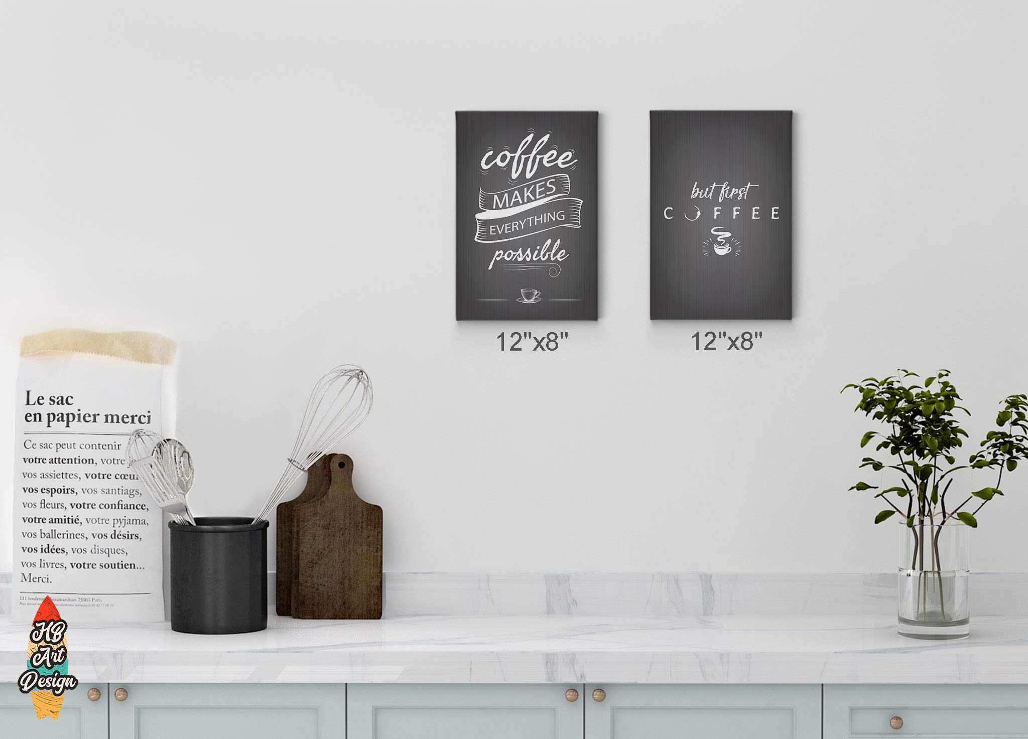 HB Art Design 'Coffee Makes Everything Possible' & 'But First Coffee' 2-Panel Canvas Print Set (40x30 inches x2) - Wall Art for Coffee Bar, Kitchen Decor, Dining Room & Coffee Shop - Perfect for Home, Office & Café Decorations