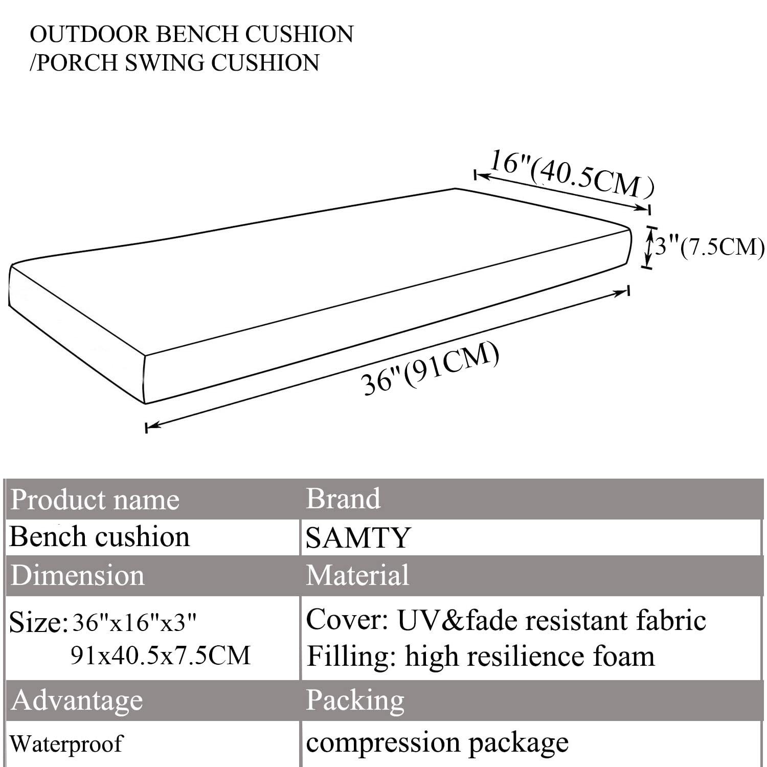 Waterproof Outdoor Bench Cushion 36x16 Inch - Weather-Resistant Patio Furniture Cushion for Porch Swing, Garden Seat & Settee - Comfortable Brown Pad for All-Season Use (Perfect for Backyard, Deck & Outdoor Relaxation)