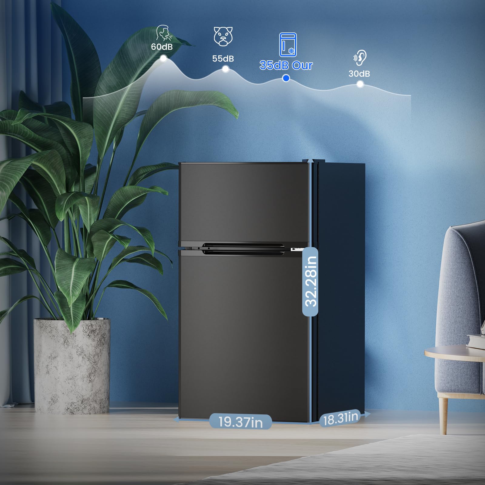 3.1 Cu.Ft Mini Fridge with Freezer - 2 Door Compact Refrigerator for Bedroom, Dorm & Apartment - Adjustable Removable Glass Shelves - Energy Efficient Small Refrigerator - Perfect for Snacks, Drinks & Beauty Products Storage (Black)