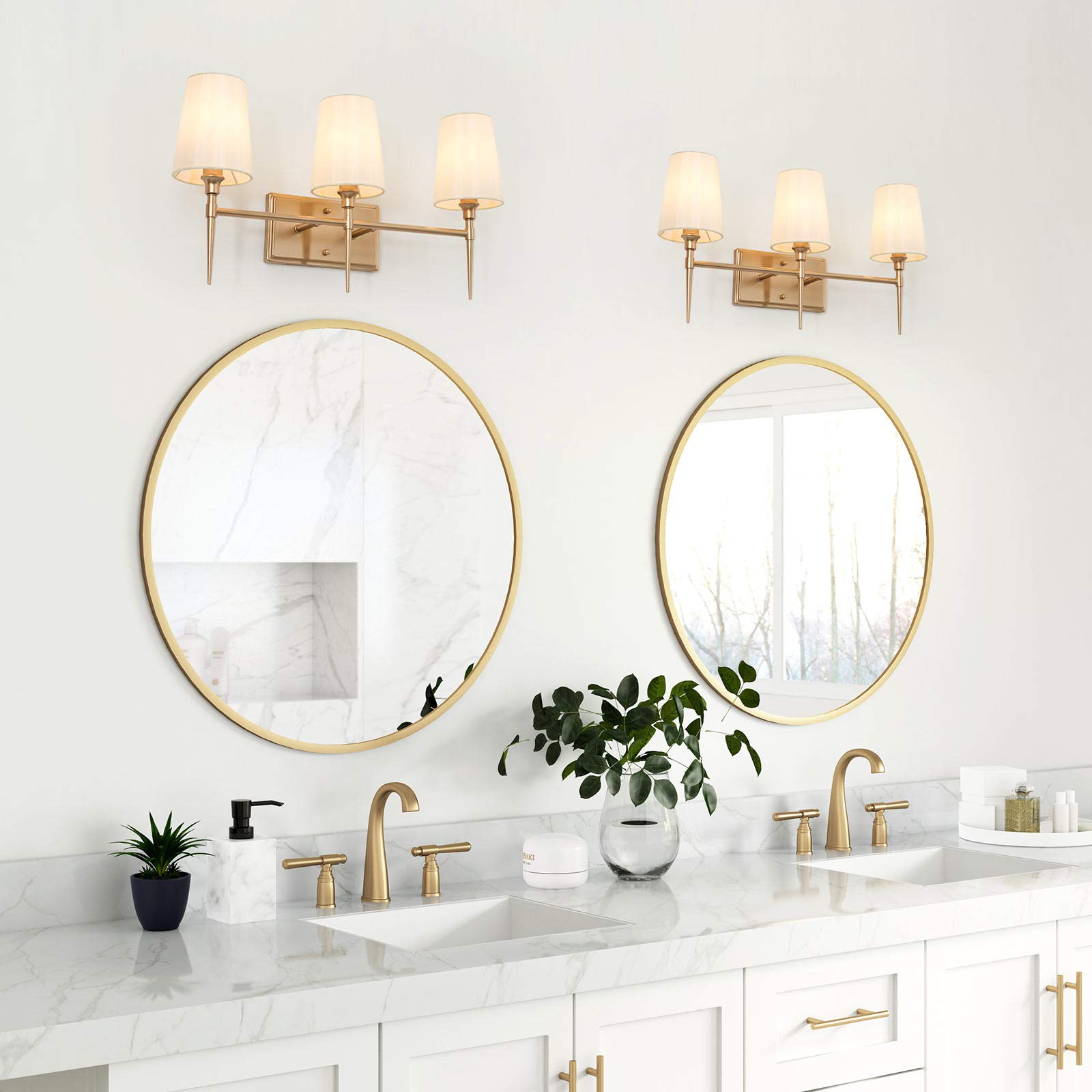 Classy Leaves 3-Light Gold Vanity Lights - Modern Bathroom Lighting Fixture with White Fabric Shade (23