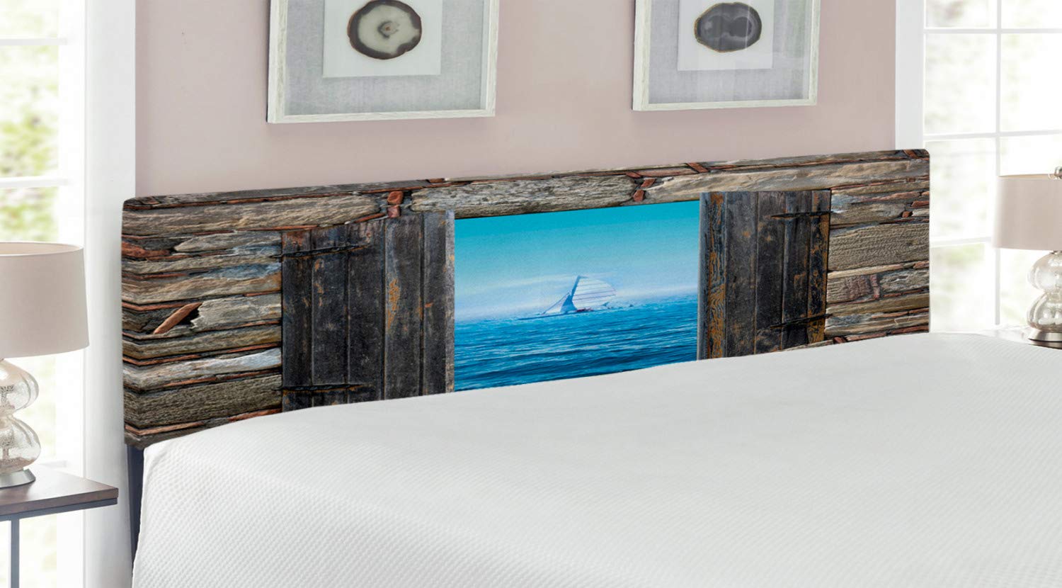 Ambesonne Nautical King Size Upholstered Headboard - Sailing Boat Stone Window Design with Memory Foam, Grey Blue Mediterranean Style Bed Headboard | Perfect for Coastal Themed Bedrooms, Guest Rooms & Vacation Homes