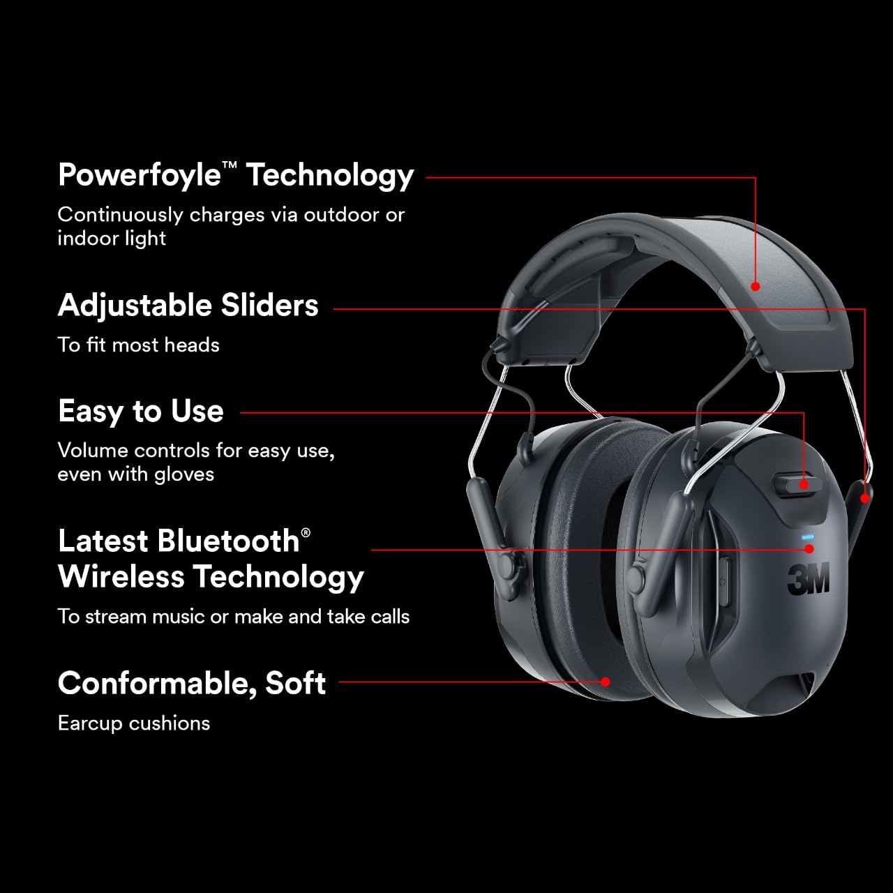 3M WorkTunes Connect + Solar Hearing Protector – Wireless Bluetooth Ear Muffs with NRR 26dB Noise Reduction, Self-Charging Solar Technology & Built-in Mic – Ideal for Construction, Lawn Care, and Industrial Work (90573-DC)